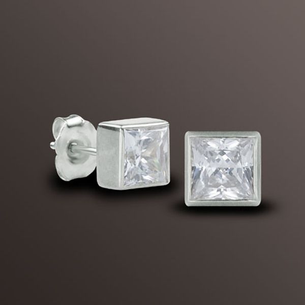 FINE * Princess Diamond Stud Earrings In Sterling Silver Bezel Setting H-I