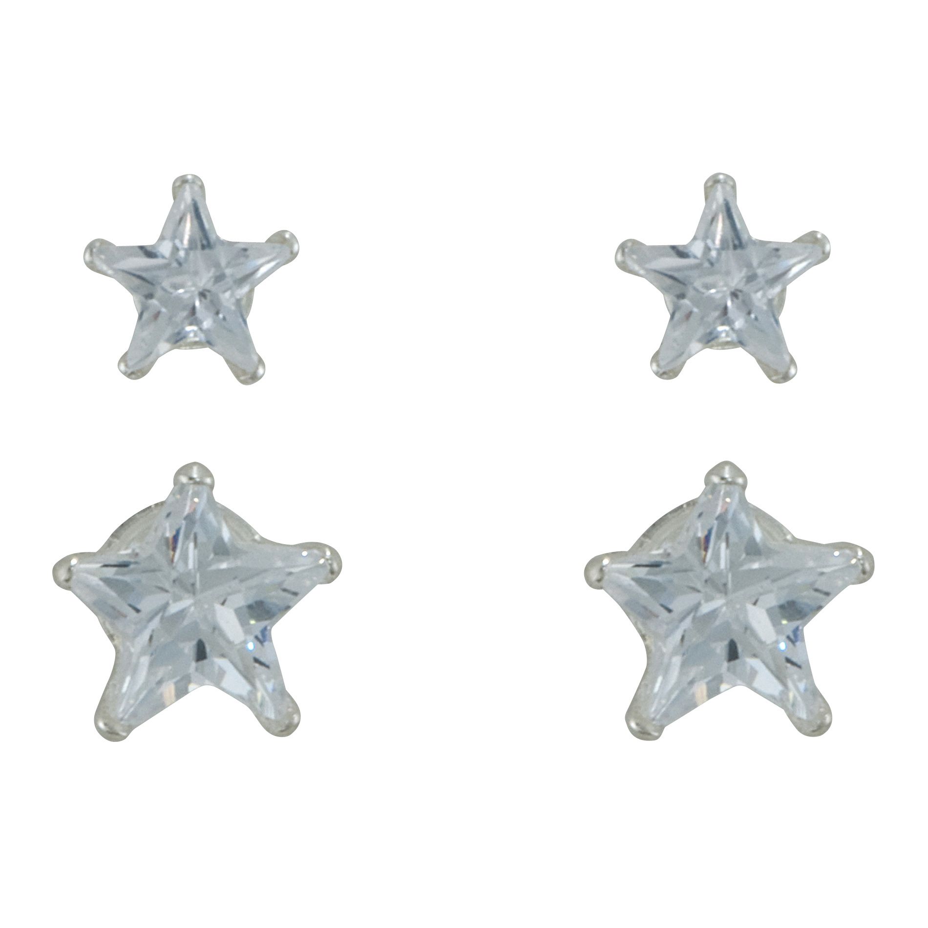 Sterling Silver and Star Cubic Zirconia Earring Duo, Clear Sterling Silver and Star Cubic Zirconia Earring Duo, Clear