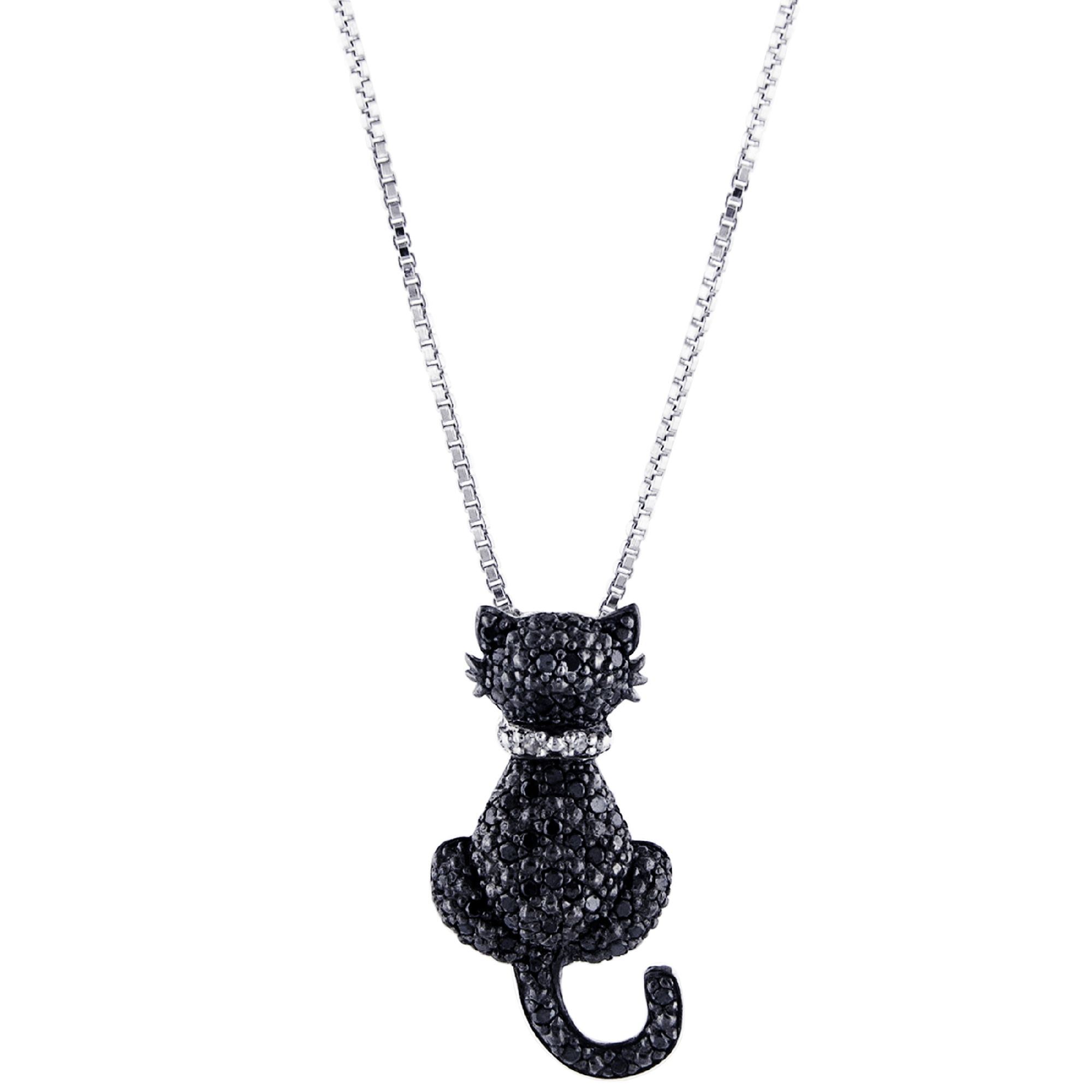 Sterling Silver With 1/4 cttw Black & White Diamond Cat Pendant