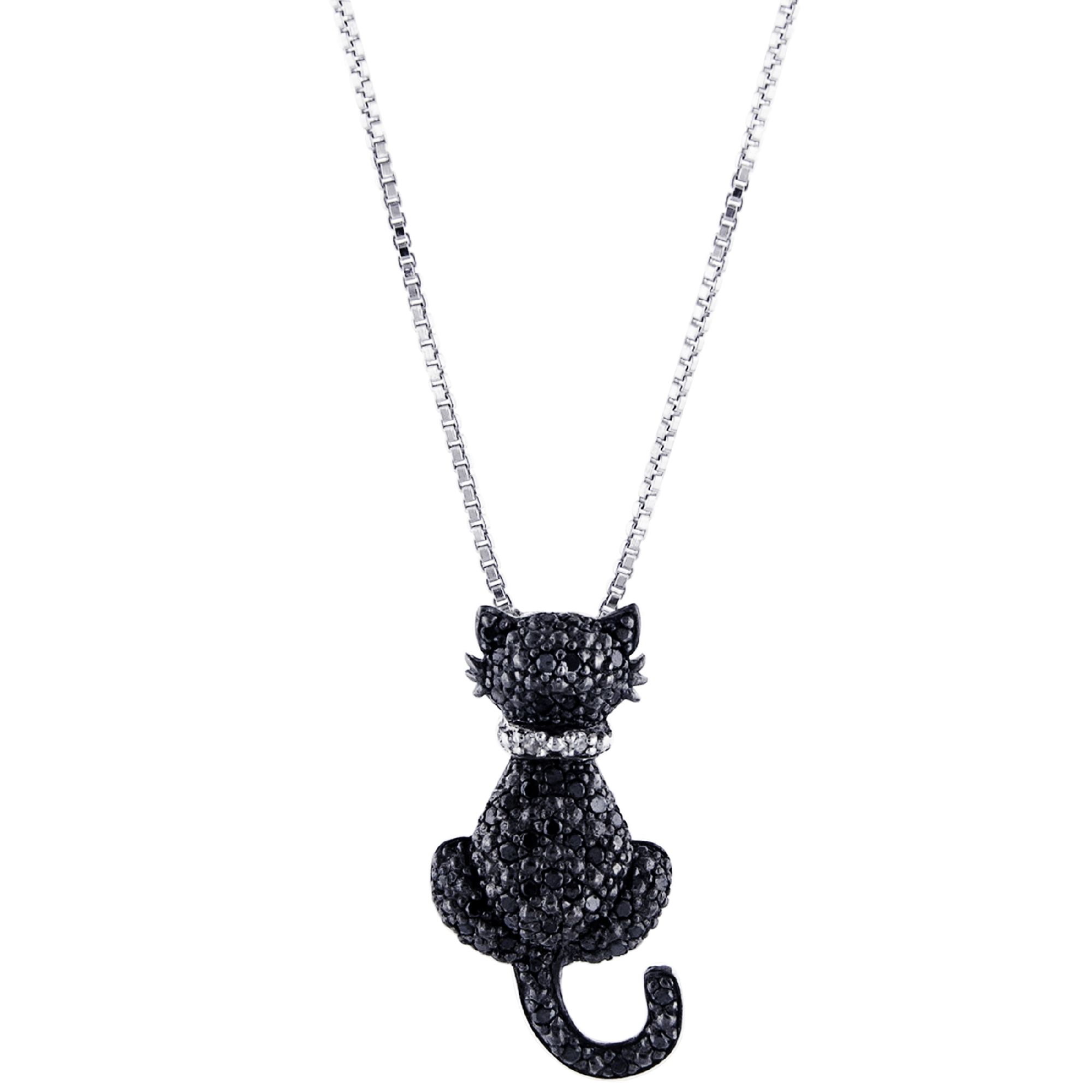 Sterling Silver With 1/4 cttw Black & White Diamond Cat Pendant, Multicolored Sterling Silver With 1/4 cttw Black & White Diamond Cat Pendant, Multicolored