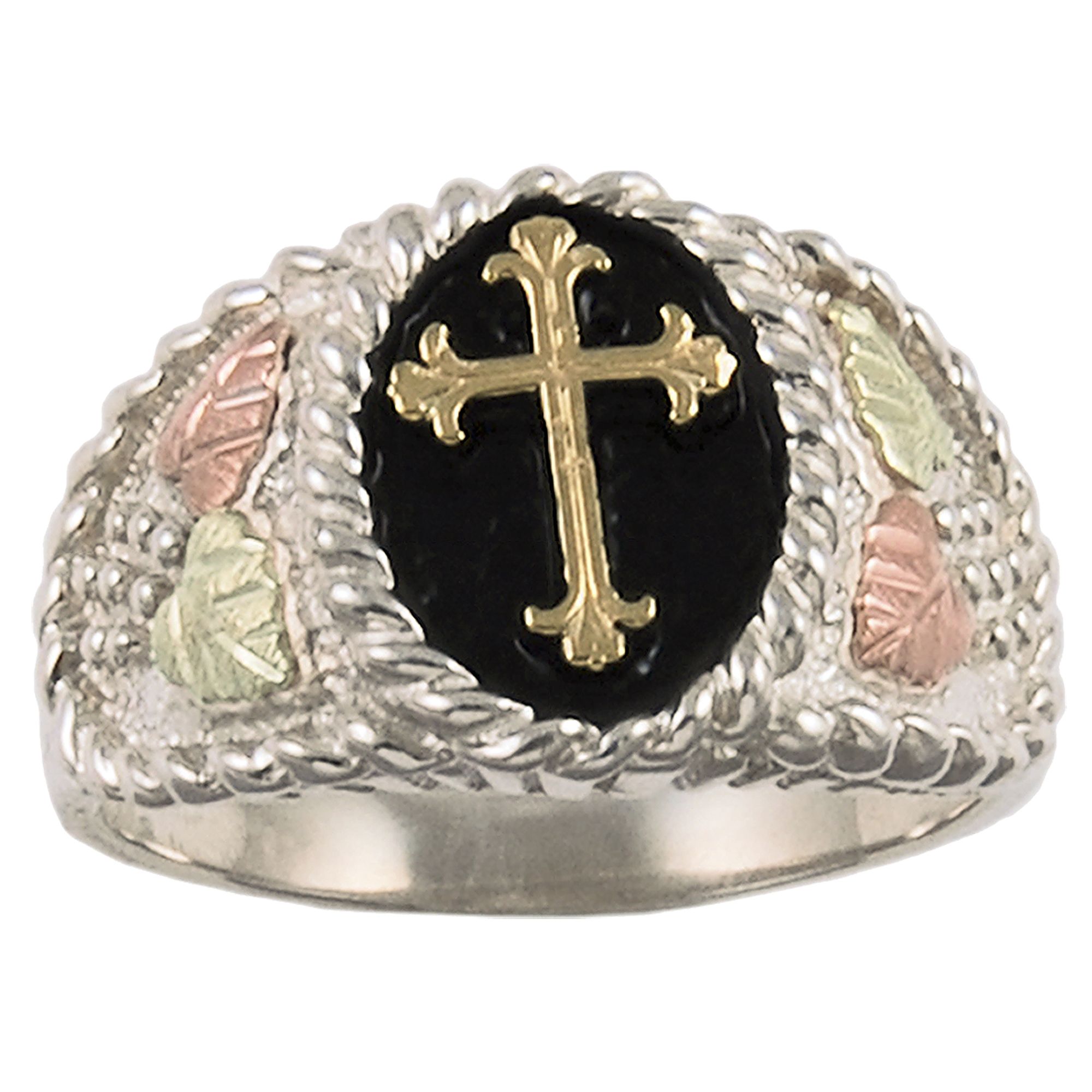 Black Hills Gold Tricolor Sterling Silver Mens Onyx with Cross Ring