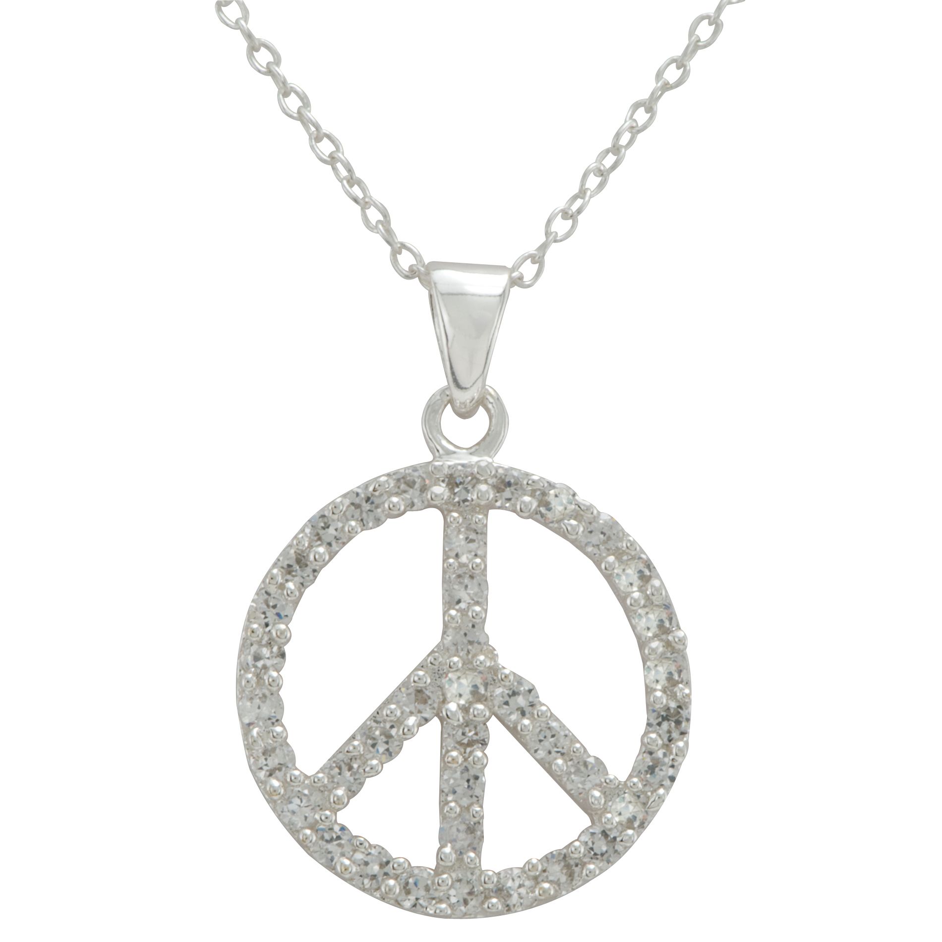 Cubic Zirconia Peace Sign Pendant in Sterling Silver, Clear Cubic Zirconia Peace Sign Pendant in Sterling Silver, Clear