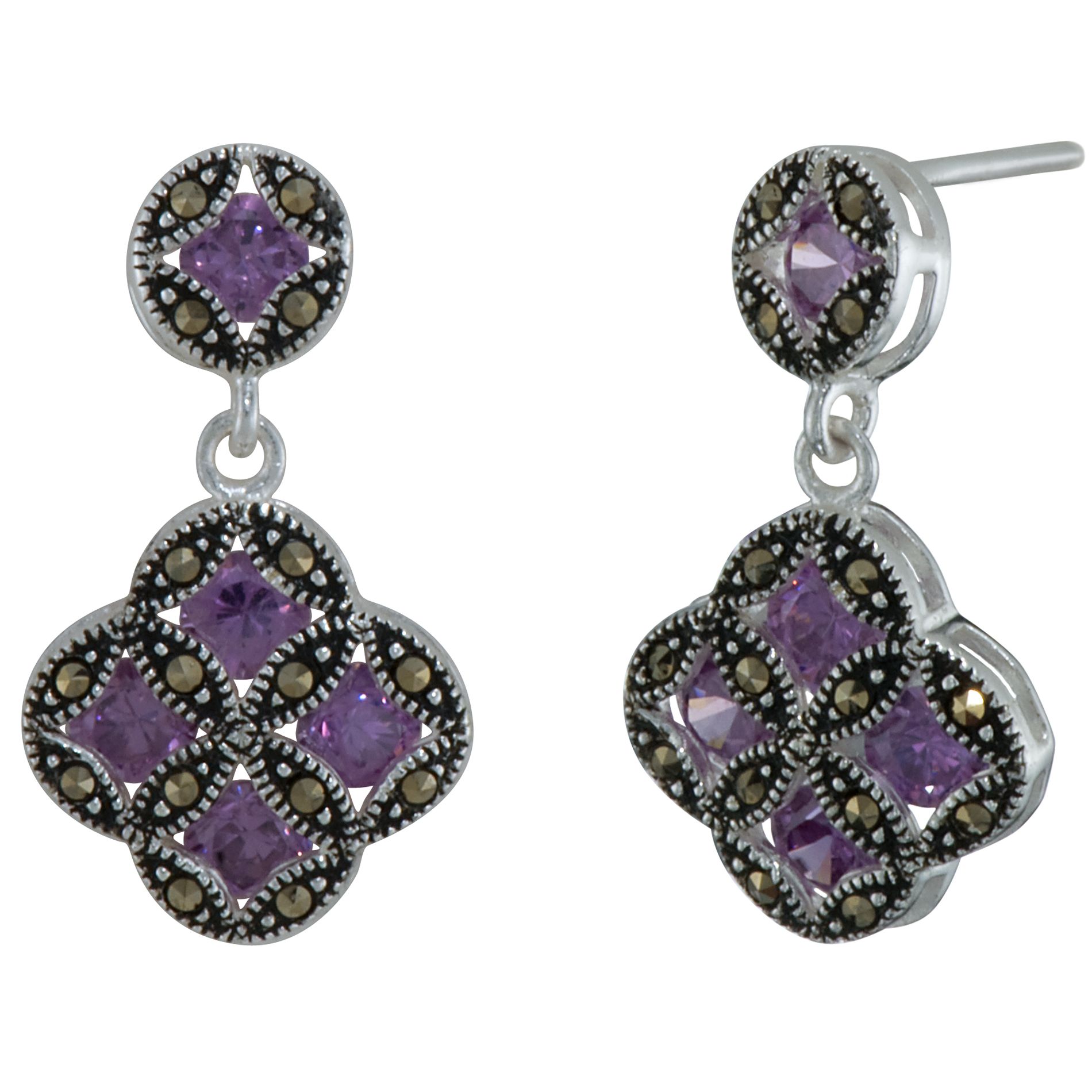 Sterling Silver Marcasite and Cubic Zircoinia Drop Earrings, Purple Sterling Silver Marcasite and Cubic Zircoinia Drop Earrings, Purple