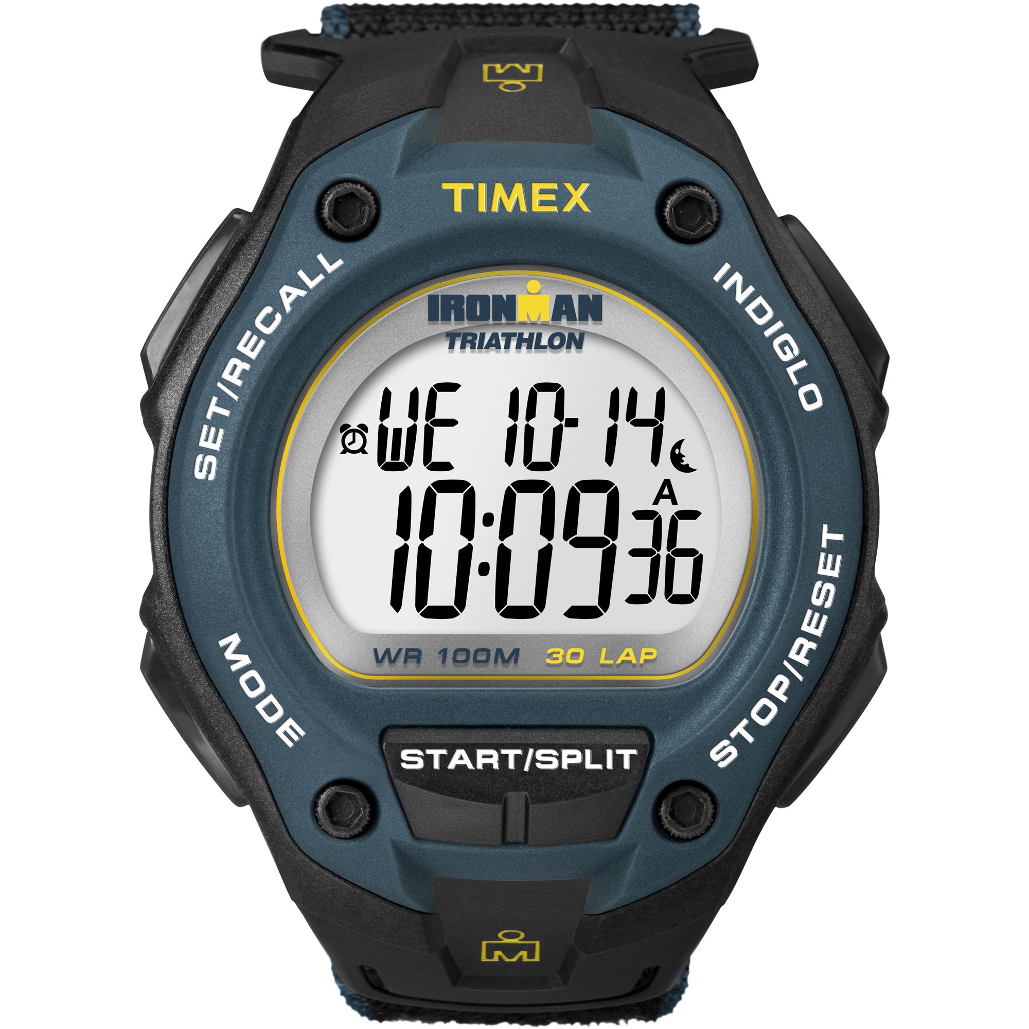 Timex Mens Calendar Day/Date Ironman Watch w/Blue/Yellow Dial and Black Resin Band