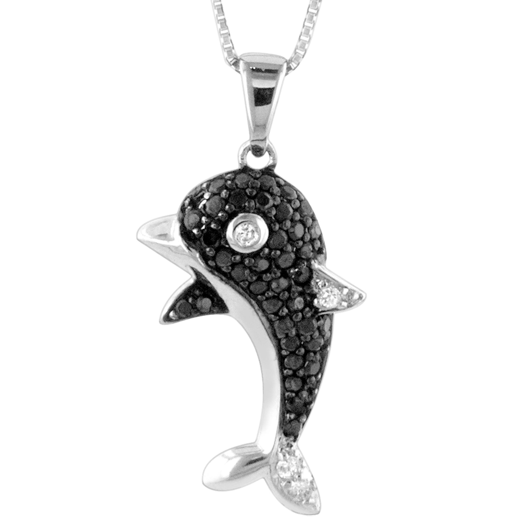 Sterling Silver with 1/4 cttw Black and White Diamond Dolphin Pendant Sterling Silver with 1/4 cttw Black and White Diamond Dolphin Pendant
