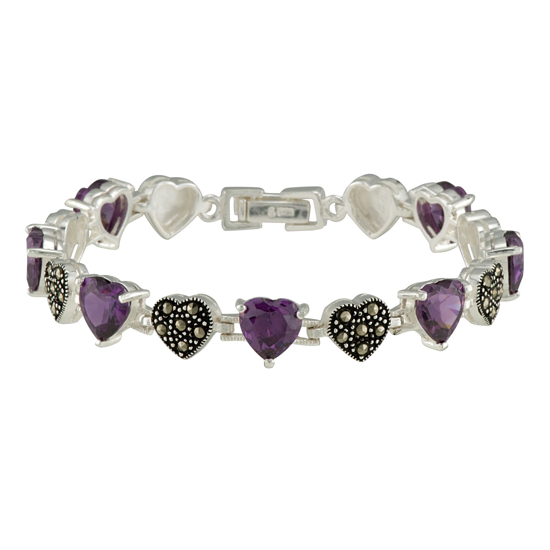 Cubic Zirconia and Marcasite Sterling Silver Heart Bracelet, Purple Cubic Zirconia and Marcasite Sterling Silver Heart Bracelet, Purple