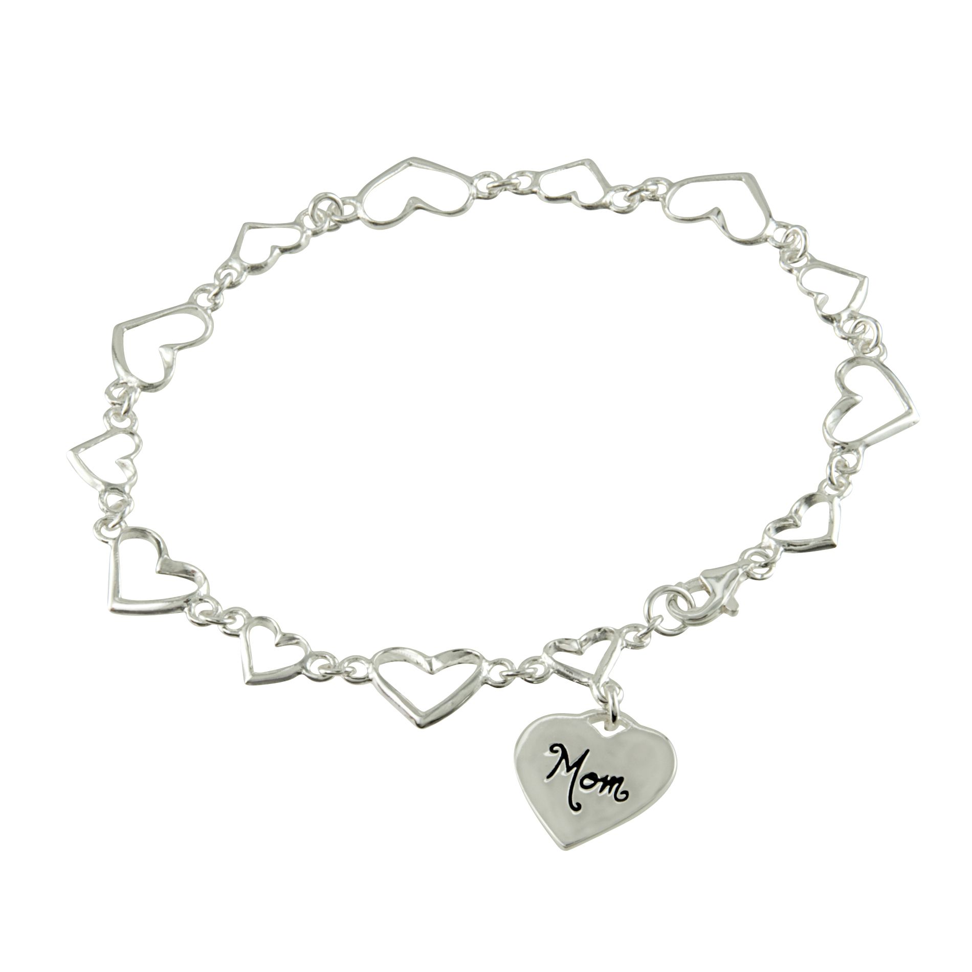 Sterling Silver Link Bracelet with Mom Inscribed Heart Charm Sterling Silver Link Bracelet with Mom Inscribed Heart Charm
