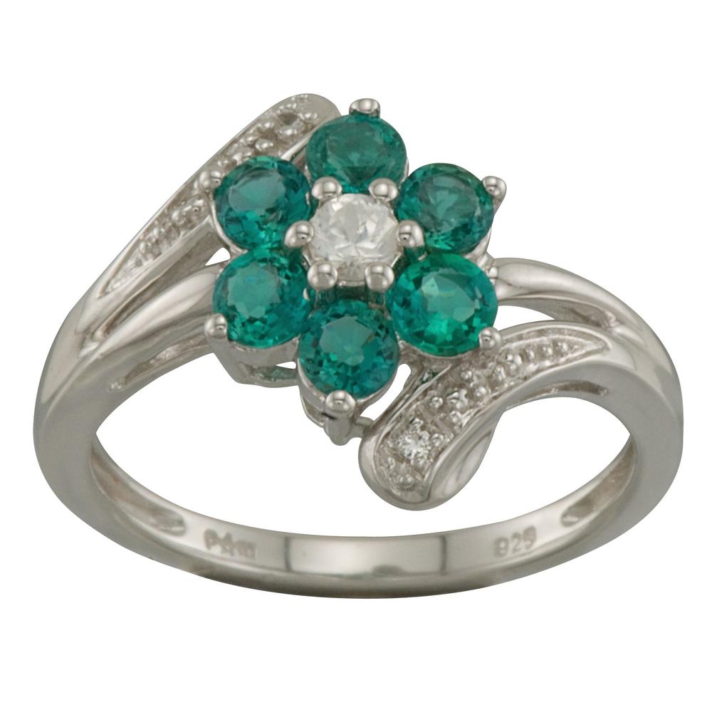 Sierra Accessories Lab Created Emerald & White Sapphire Sterling Silver Floral Ring