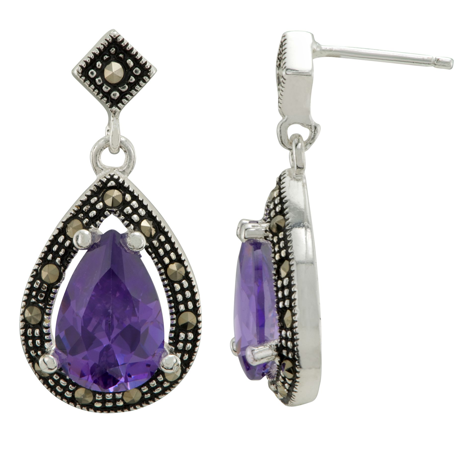 Sterling Silver Marcasite & Cubic Zirconia Pear Shaped Drop Earring, Purple Sterling Silver Marcasite & Cubic Zirconia Pear Shaped Drop Earring, Purple