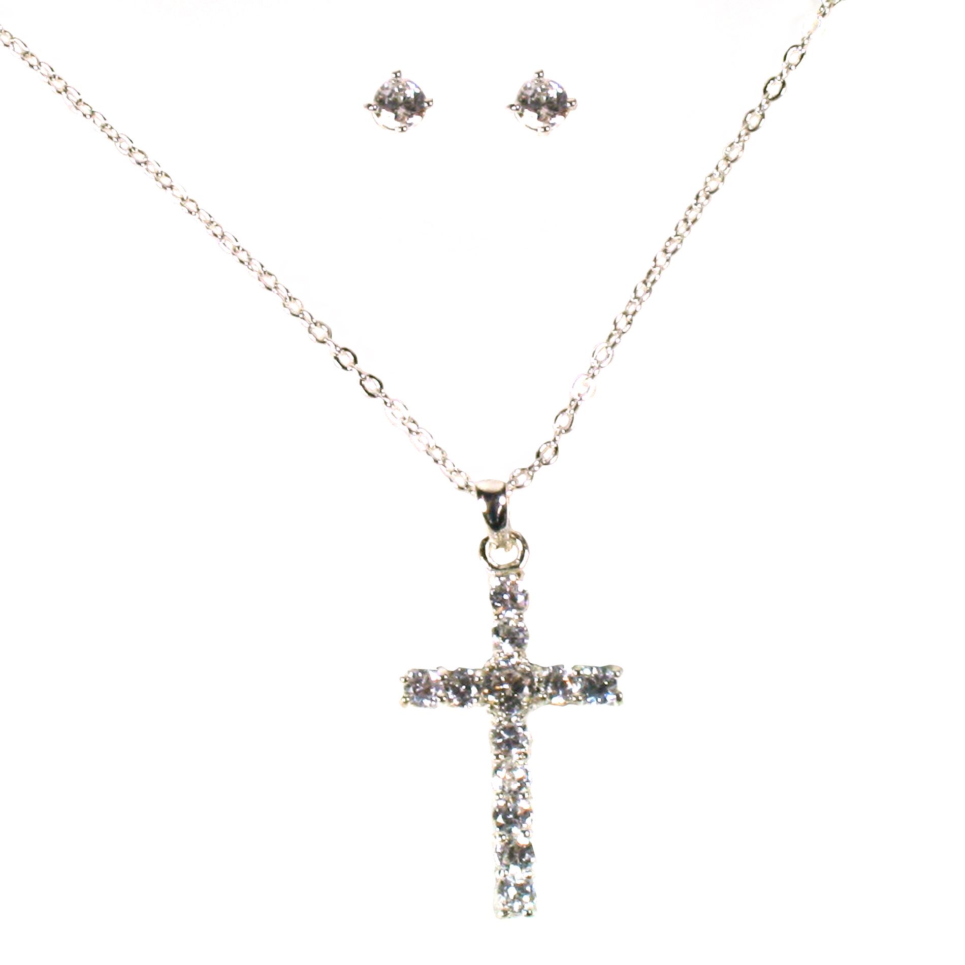 White Cubic Zirconia/Silvertone Cross Pendant and Earring Set White Cubic Zirconia/Silvertone Cross Pendant and Earring Set