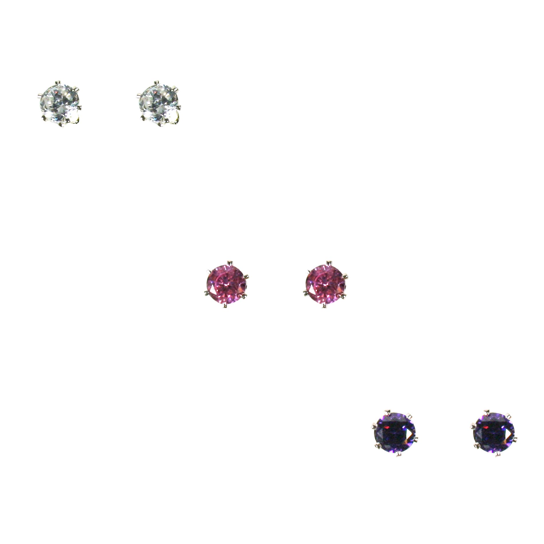 White, Pink, Purple Cubic Zirconia/Silvertone Stud Earring Trio White, Pink, Purple Cubic Zirconia/Silvertone Stud Earring Trio