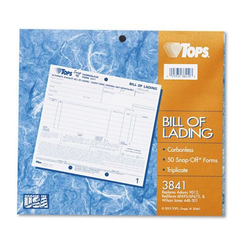 TOPS TOP3841 Carbonless Three-Part Bill of Lading, 8-1/2 x 7