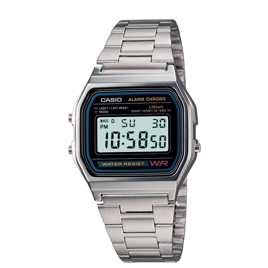 Casio Mens Calendar Day/Date Watch w/Blue Accent Digital Dial and Silvertone Band Casio Mens Calendar Day/Date Watch w/Blue Accent Digital Dial and Silvertone Band