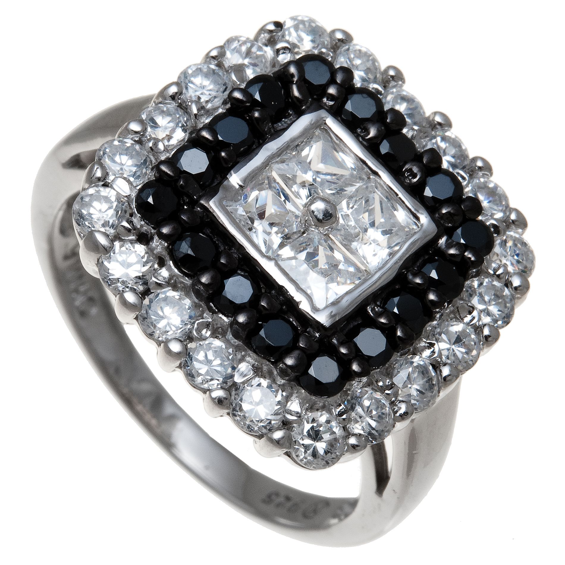 Black and White CZ Square Sterling Silver Ring_in Size 8