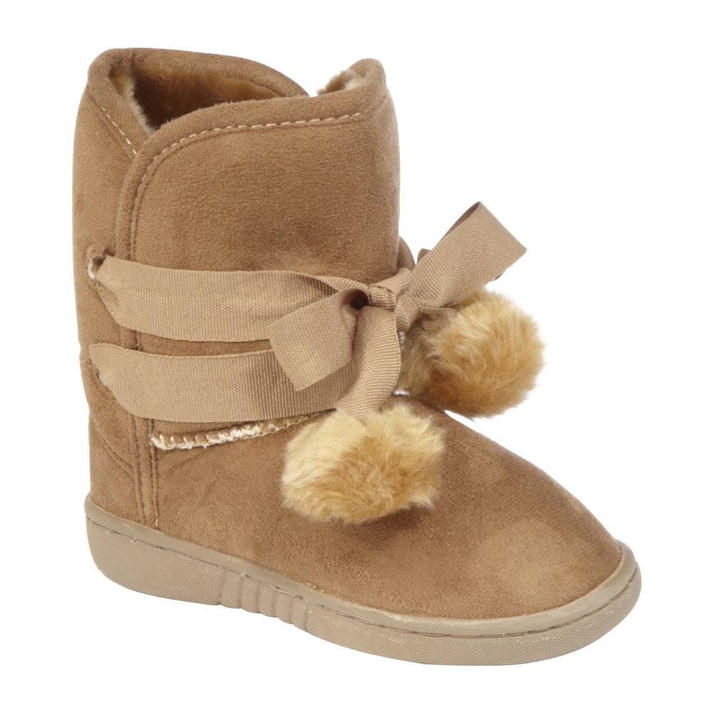 Blue Suede Shoes Toddler Girls' Kuggy Tie-Up Boot with Pom-Poms - Tan