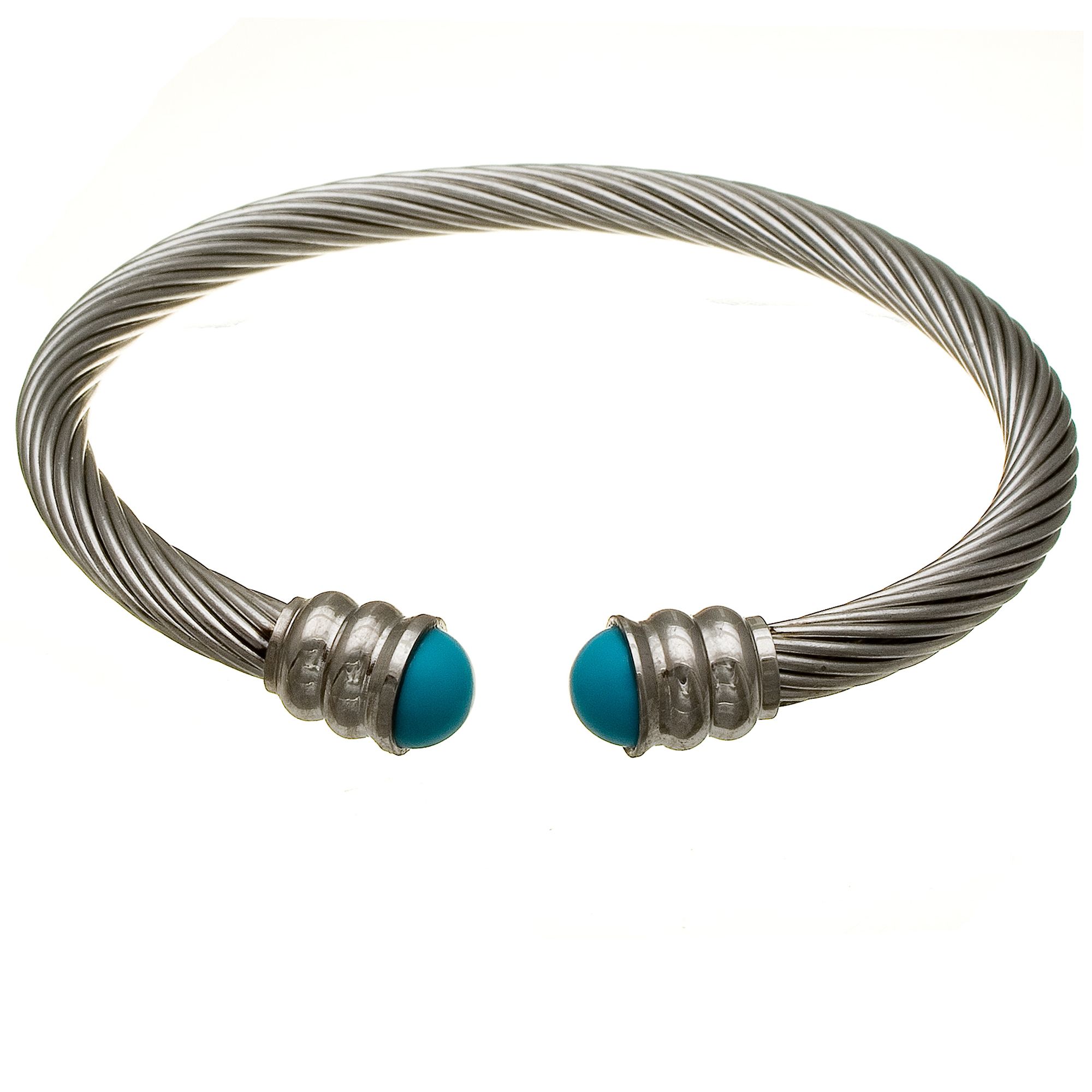 Stainless Steel Twist Bangle Bracelet with Turquoise Stone Accents