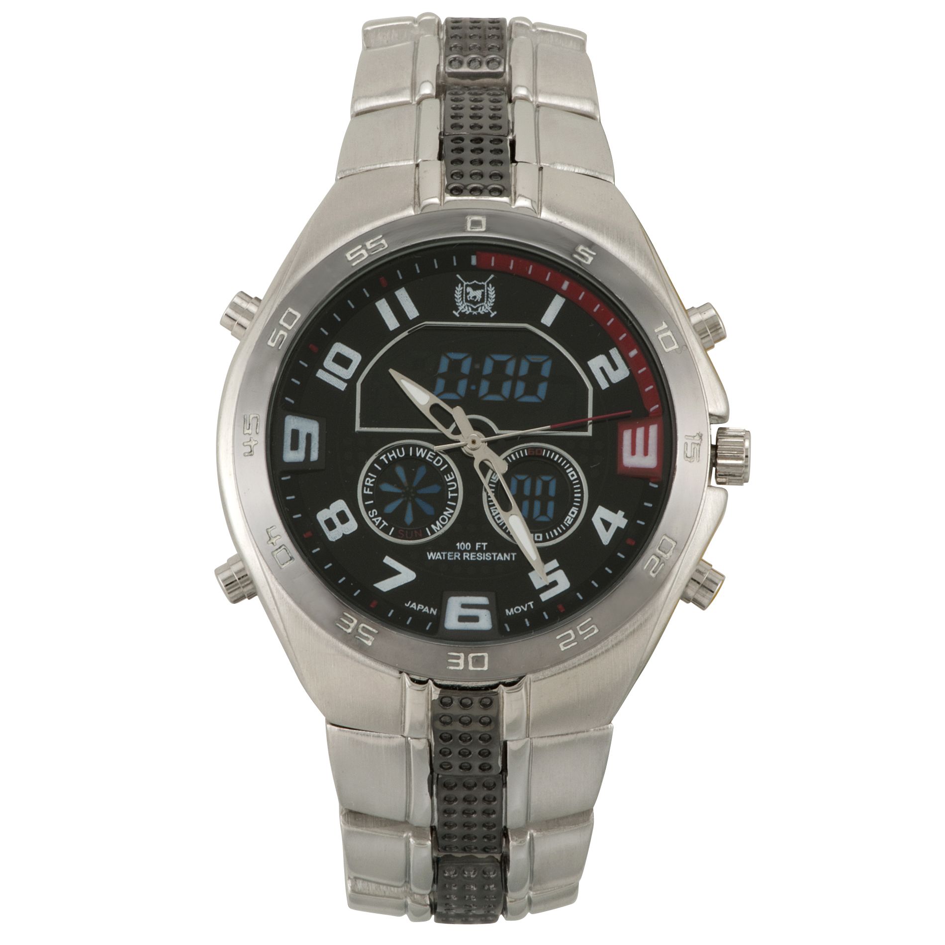 THRE3 by U.S. Polo Assn. Men&#39;s Multi Function Watch w/Round Black Dial and ST/GM Expansion Band