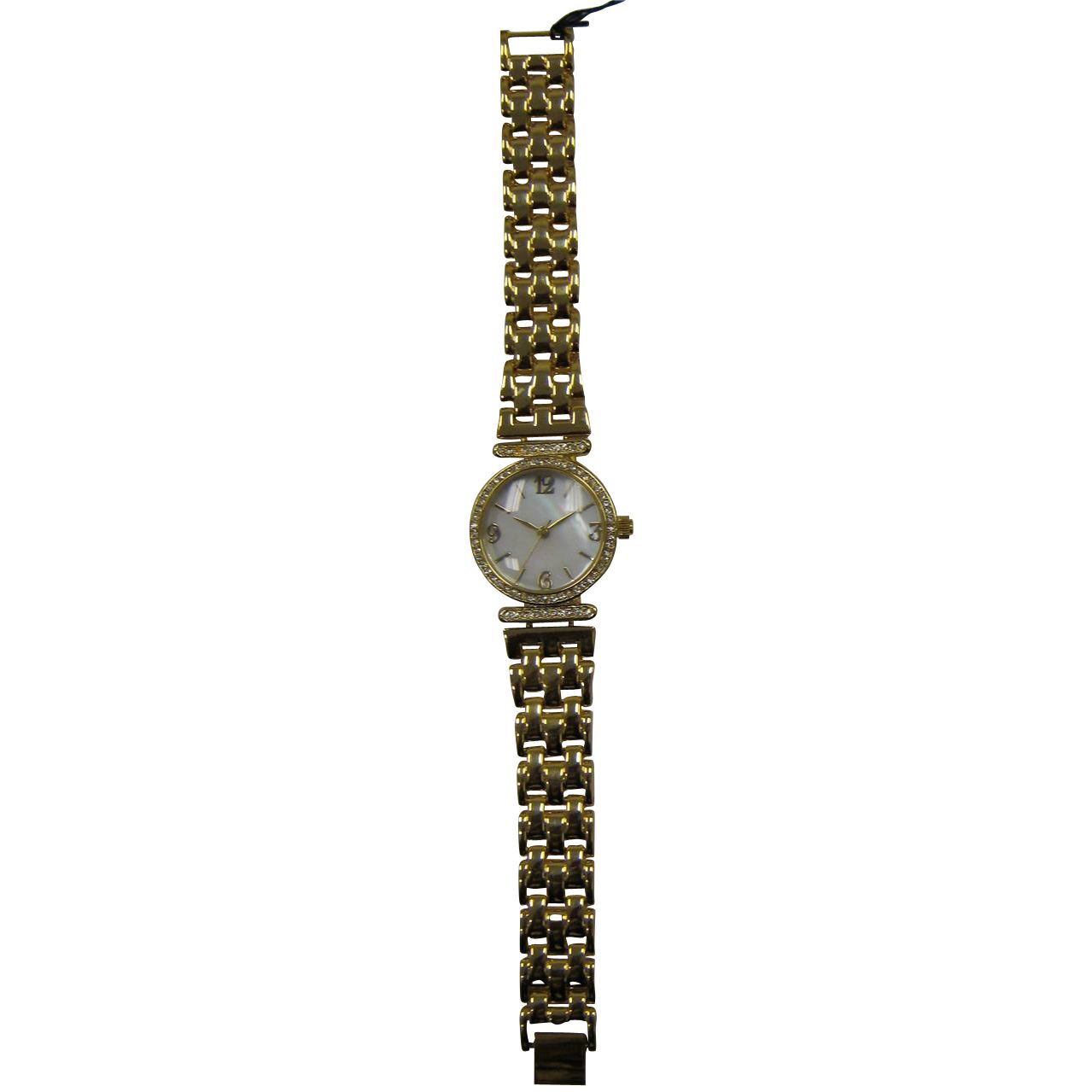 Jaclyn Smith Ladies Gold Tone Bracelet With Round Stone Case And Mother Of Pearl Dial, Yellow Jaclyn Smith Ladies Gold Tone Bracelet With Round Stone Case And Mother Of Pearl Dial, Yellow