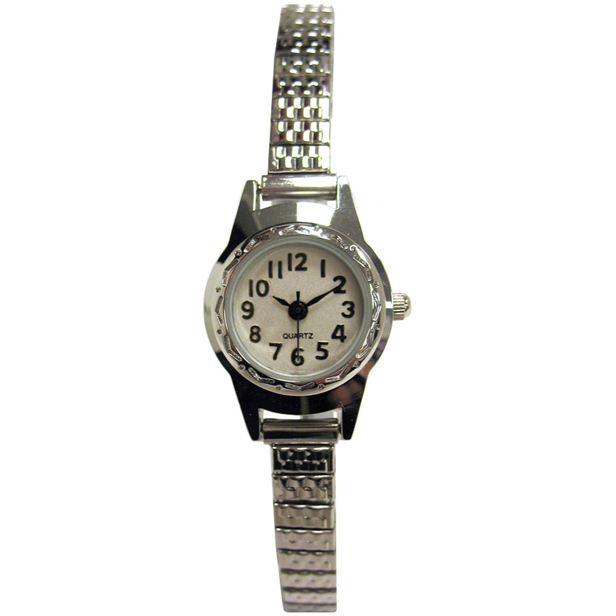 Ladies Watch w/Silvertone Round Case, White Dial and Textured ST Expansion Band