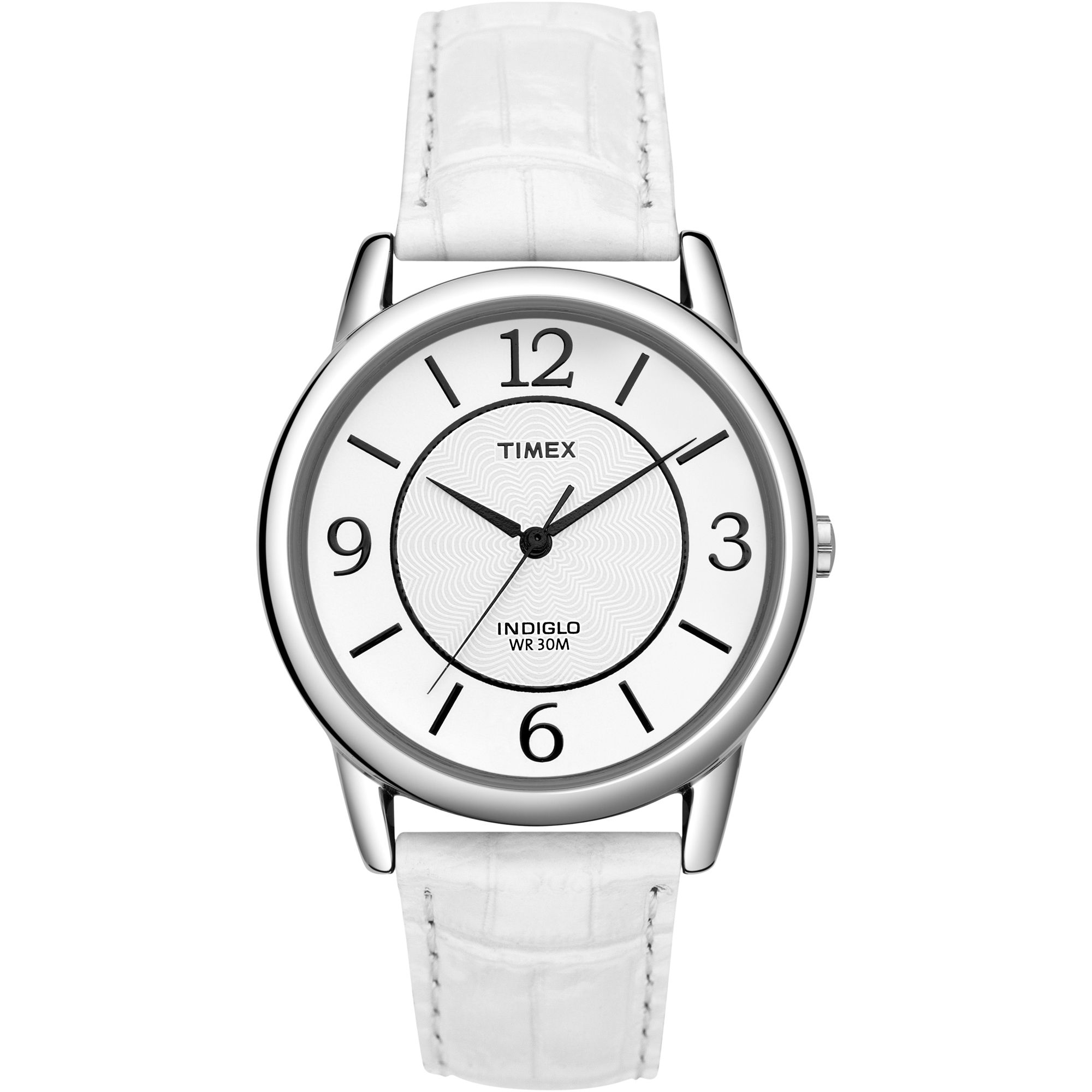 Timex Ladies Classics Watch w/Round Silvertone Case, White Dial and Leather Band