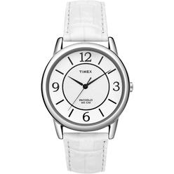 Timex Ladies Classics Watch w/Round Silvertone Case, White Dial and Leather Band