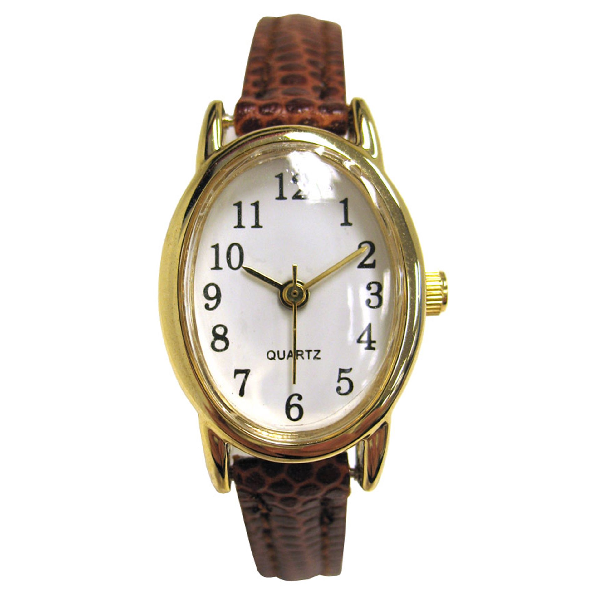 Ladies Watch with Goldtone Oval Case, White Dial and Brown Textured Band Ladies Watch with Goldtone Oval Case, White Dial and Brown Textured Band