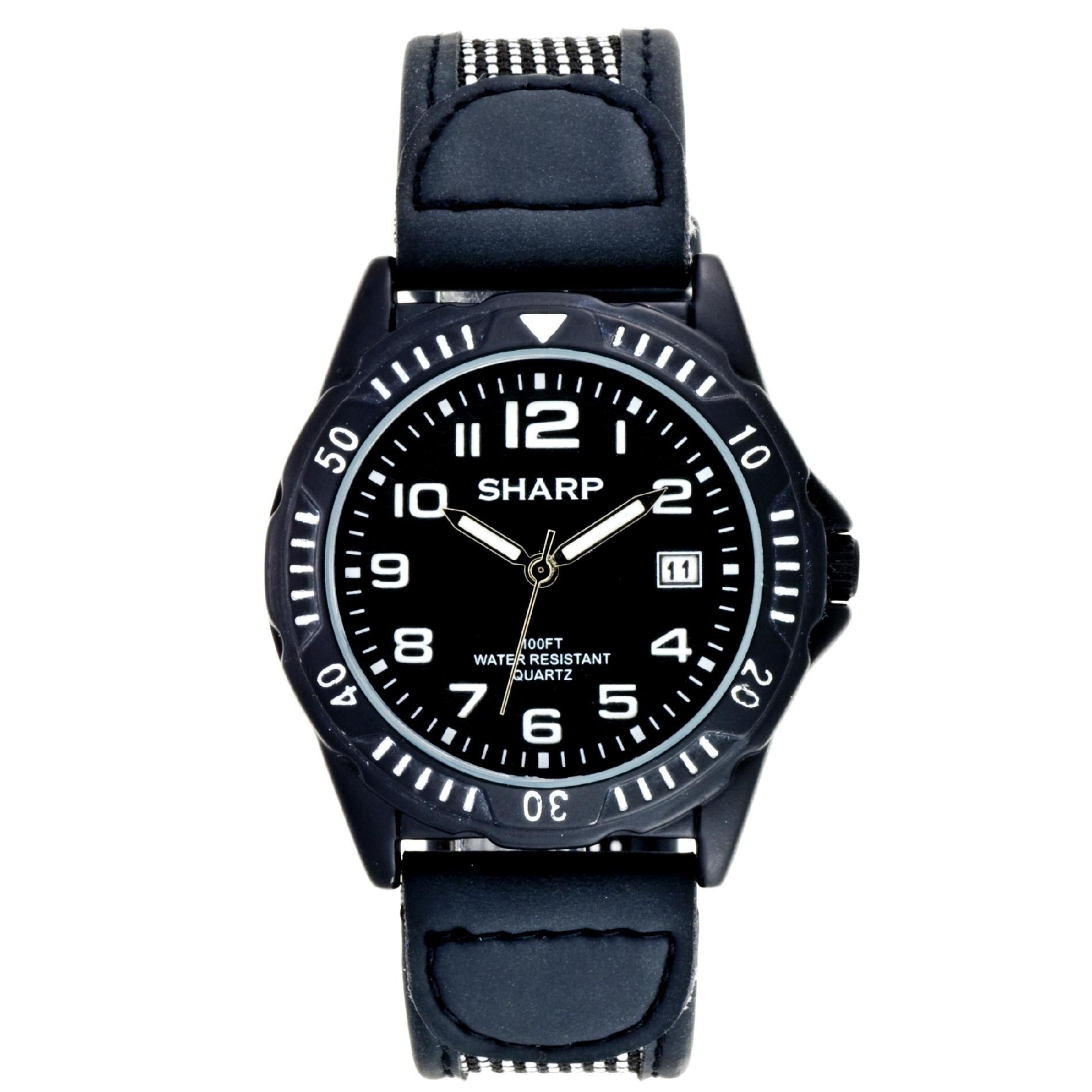 Sharp Mens Calendar Date Watch w/Round Black Case, Dial and Resin Band Sharp Mens Calendar Date Watch w/Round Black Case, Dial and Resin Band