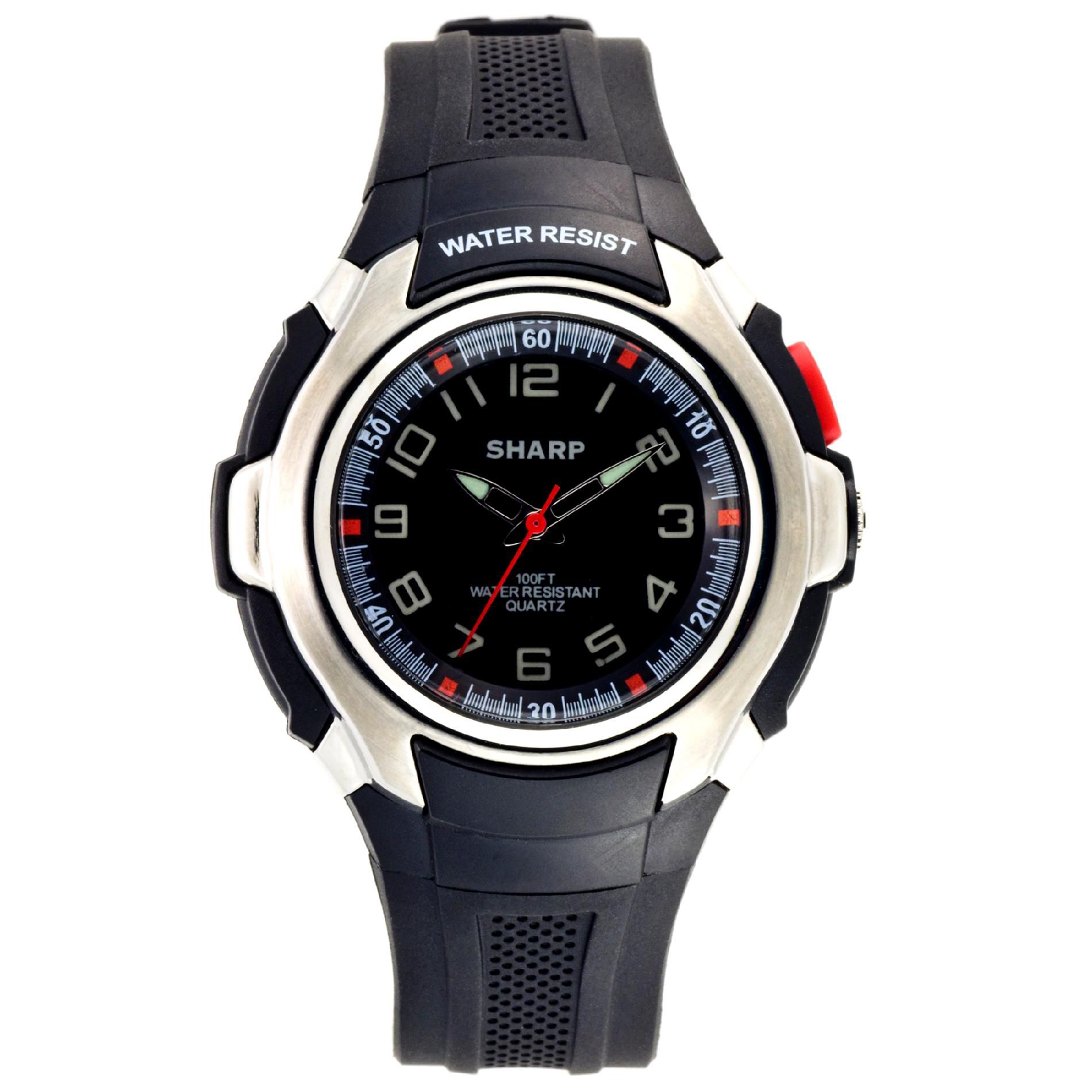 Sharp Mens Sport Watch w/Round Silvertone Case, Multi Dial and Black Resin Band Sharp Mens Sport Watch w/Round Silvertone Case, Multi Dial and Black Resin Band