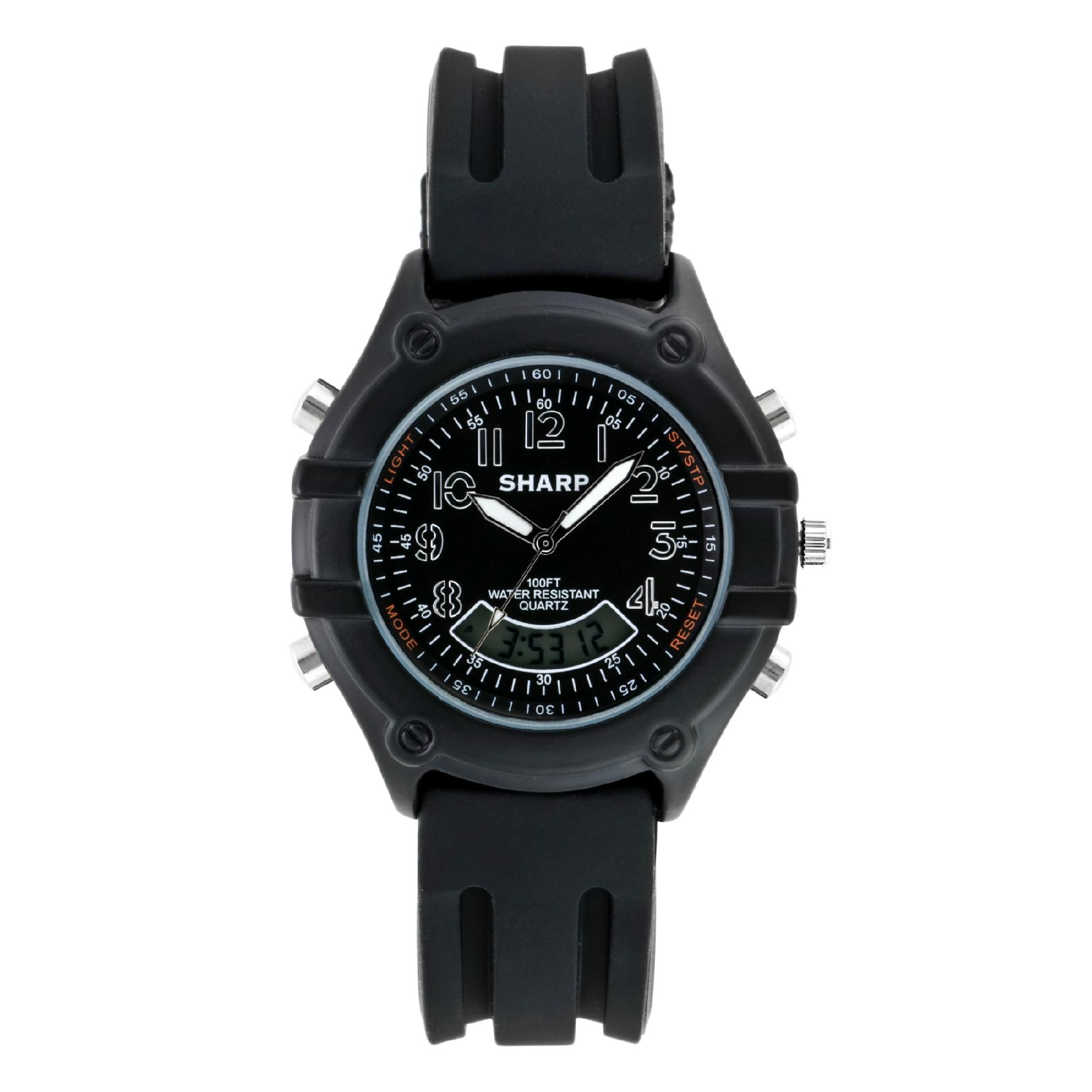 Sharp Mens Chronograph Watch w/Black Round Case, Ani-Digi Dial and Resin Band Sharp Mens Chronograph Watch w/Black Round Case, Ani-Digi Dial and Resin Band