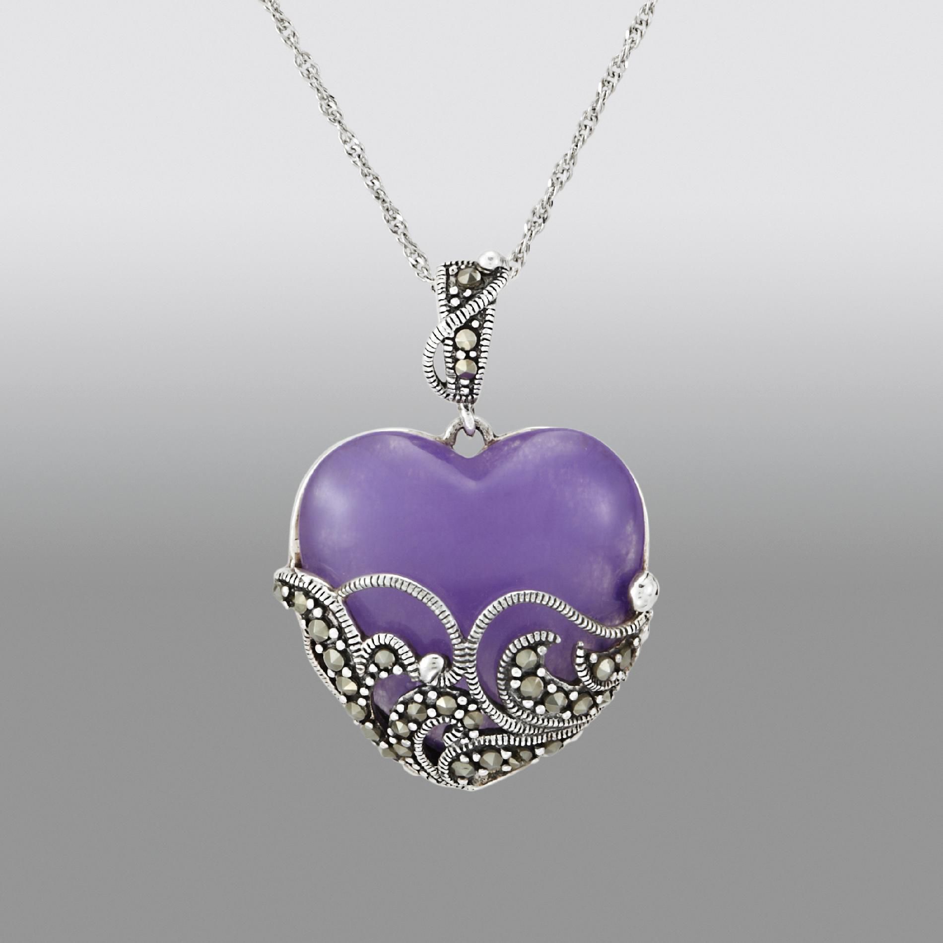 Victoria Crowne & Co Marcasite & Lavender Jade Heart Pendant in Sterling Silver