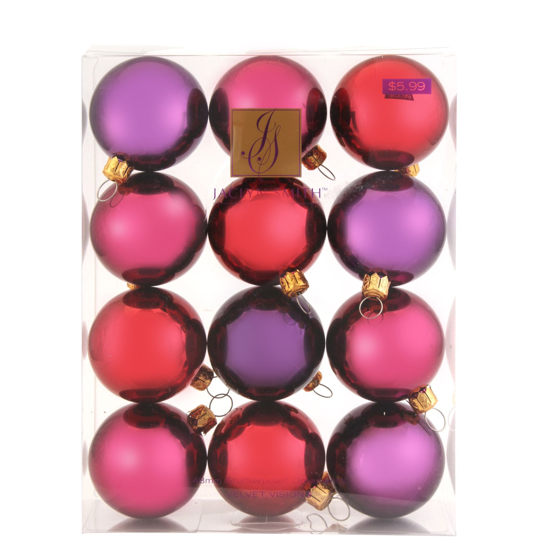 Jaclyn Smith Velvet Visions 12-Pc 48mm Shatterproof Round Ornaments