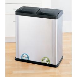 Neu Home Organize It All 4904W-1 Dual Compartment Step-On Recycling Bin Trash Can, 16-Gallon, Silver, Black