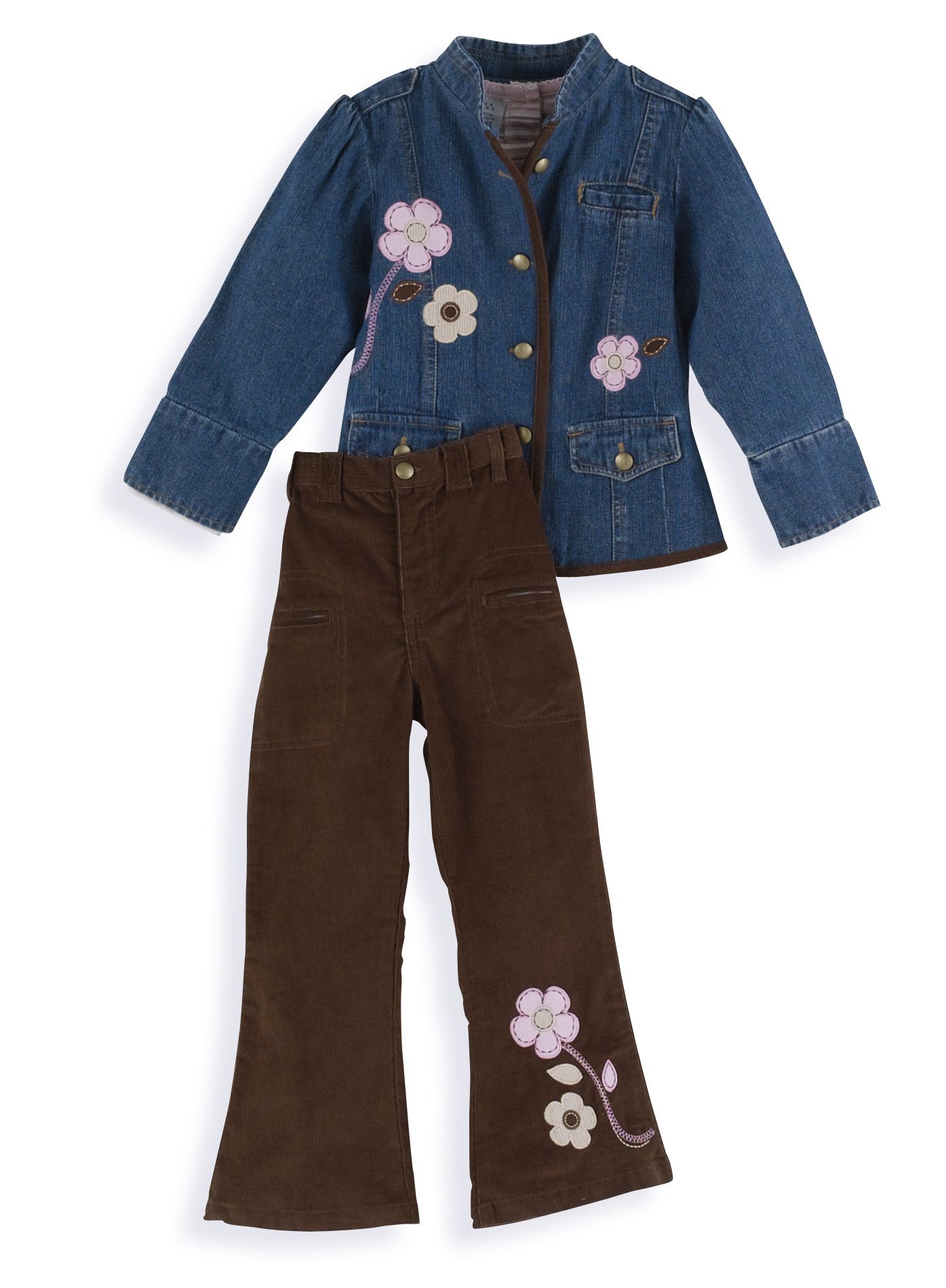 Kids Play Girl&#39;s 4-6X 3-Pc Set Denim Embroidered Jacket, Long Sleeve Tee, Corduroy Embroidered Bottom