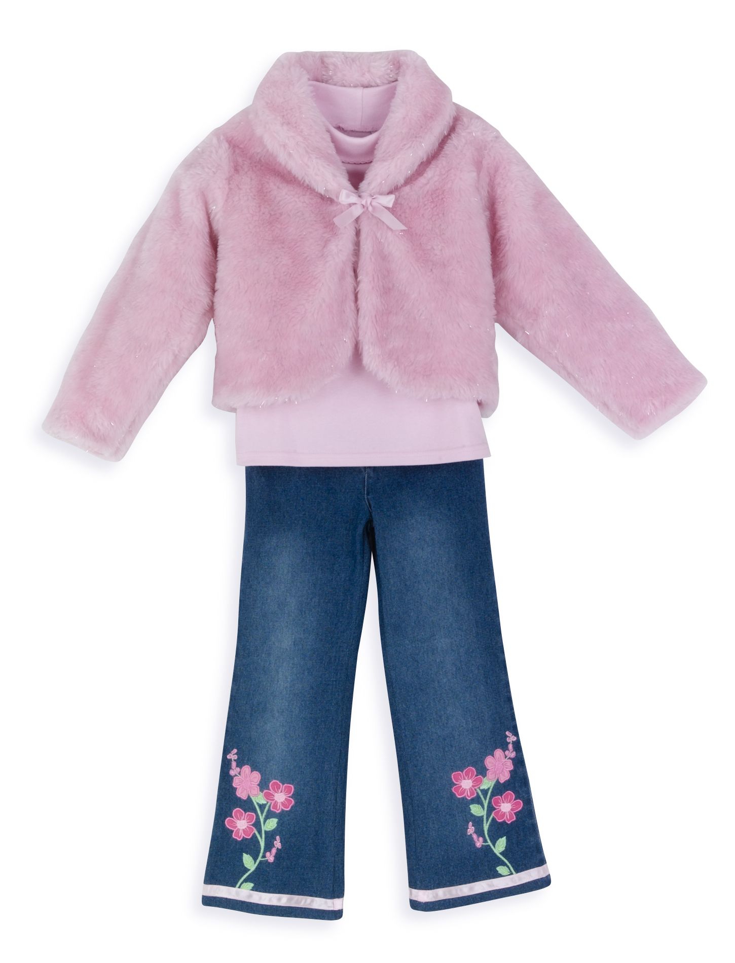 Kids Play Girl&#39;s 4-6X 3-Pc Set Faux Fur Tie Jacket, Long Sleeve Turtleneck, Denim Embroidered Bottoms