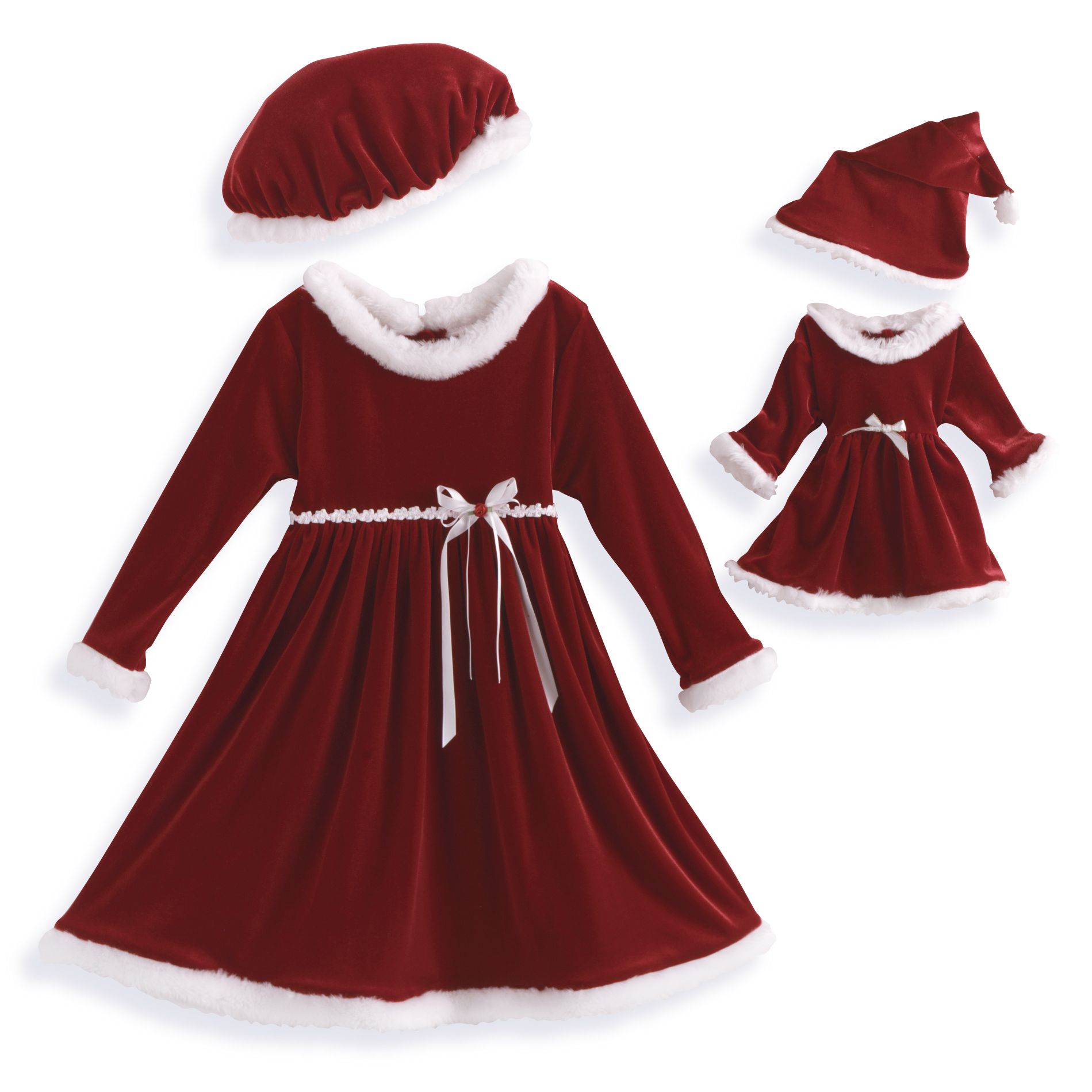 Youngland Girl&#39;s 4-6X Long Sleeve Velour Santa Dress with Hat - Comes with Matching Doll Outfit