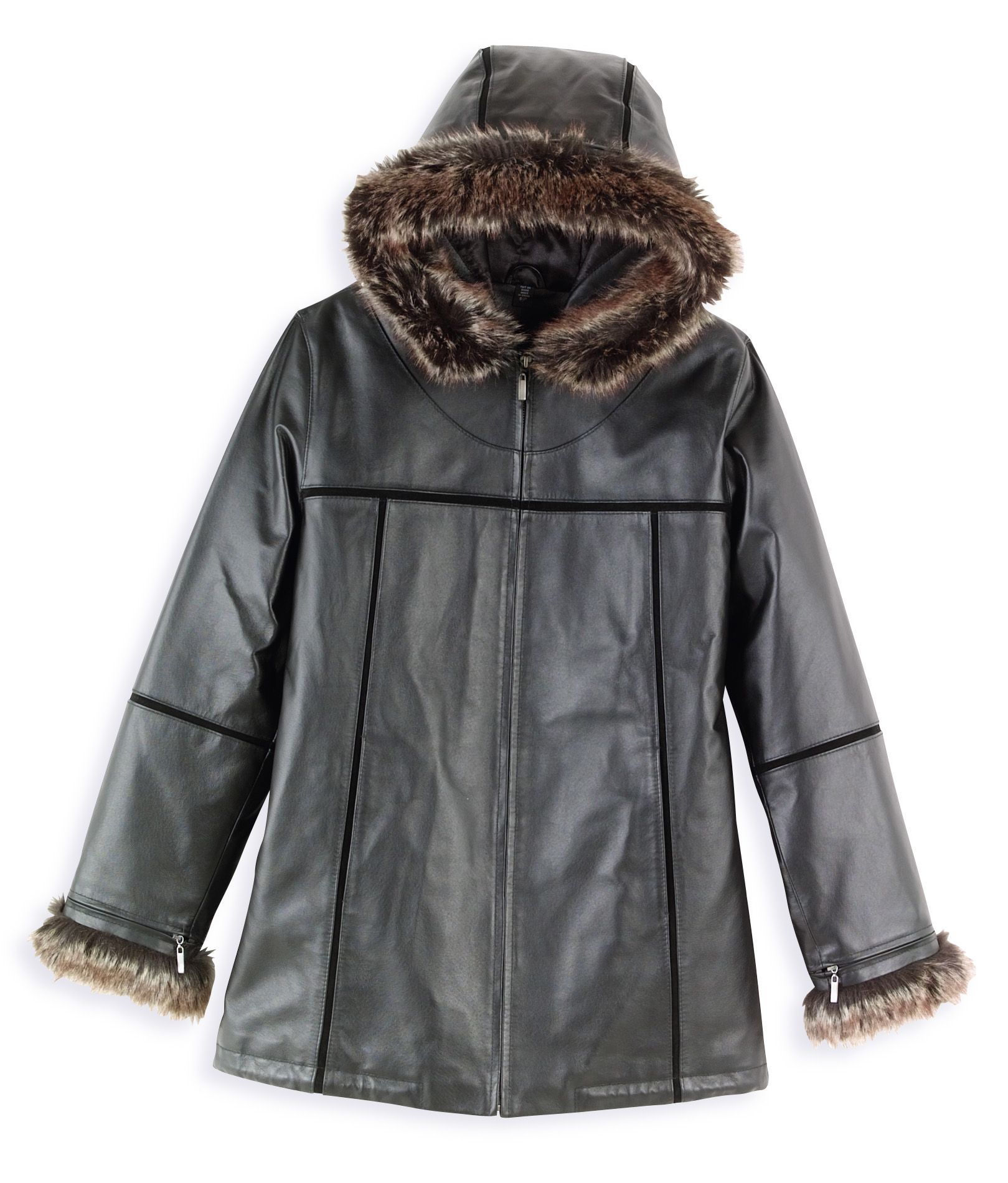 EMC Outerwear Ladies Leather Jacket with Faux Fur Trim on Hood and Cuffs