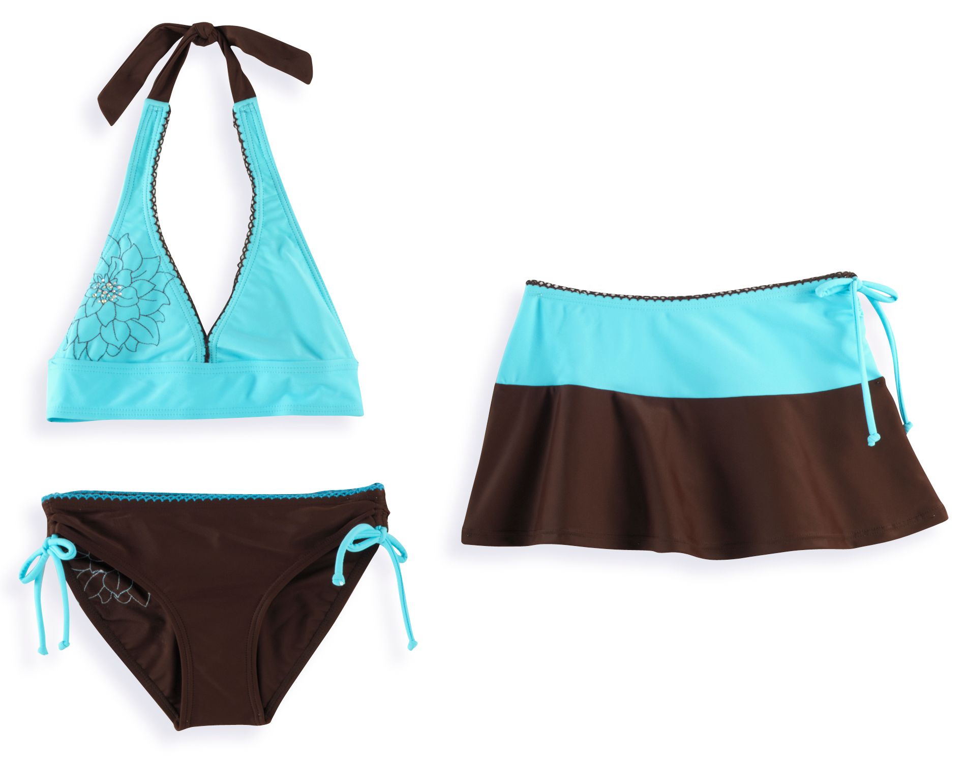 Malibu Girl&#39;s 7-16 Swimwear Set - 2-Pc Halter Bikini, Side Shirred Hipster Skirt