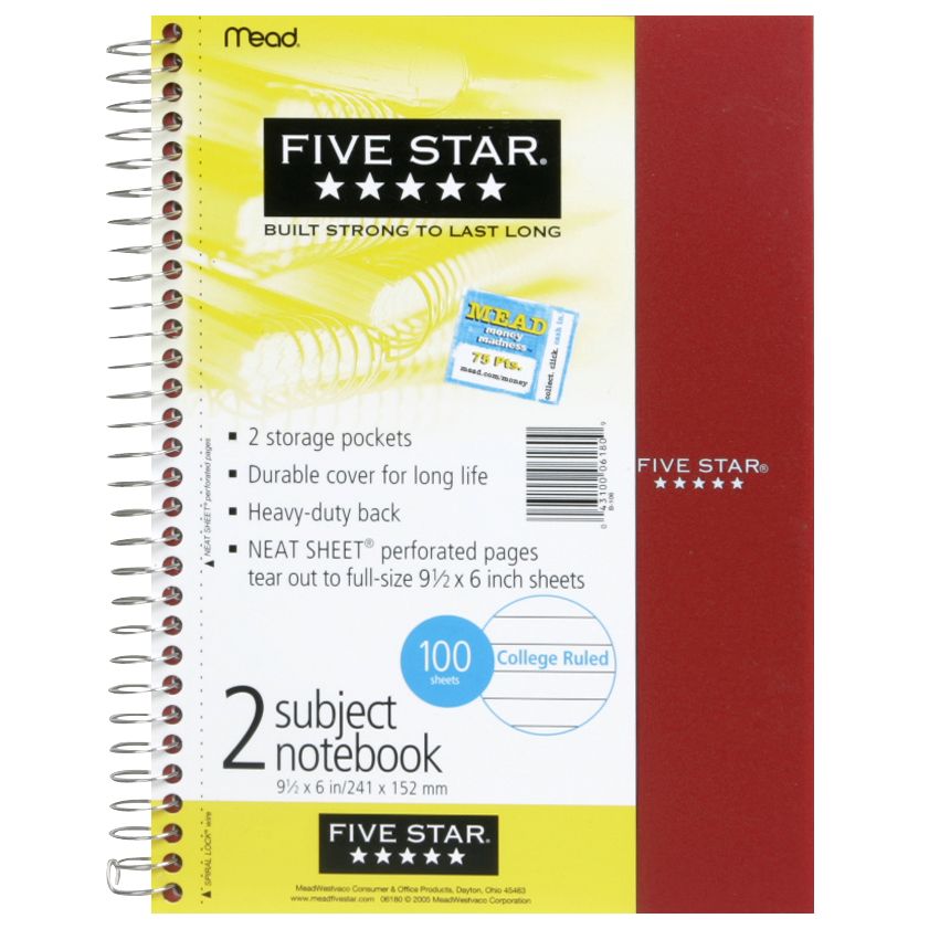 Mead 25717311 Five Star 2 Subject Notebook, College Ruled, 100 Sheets, 1 notebook