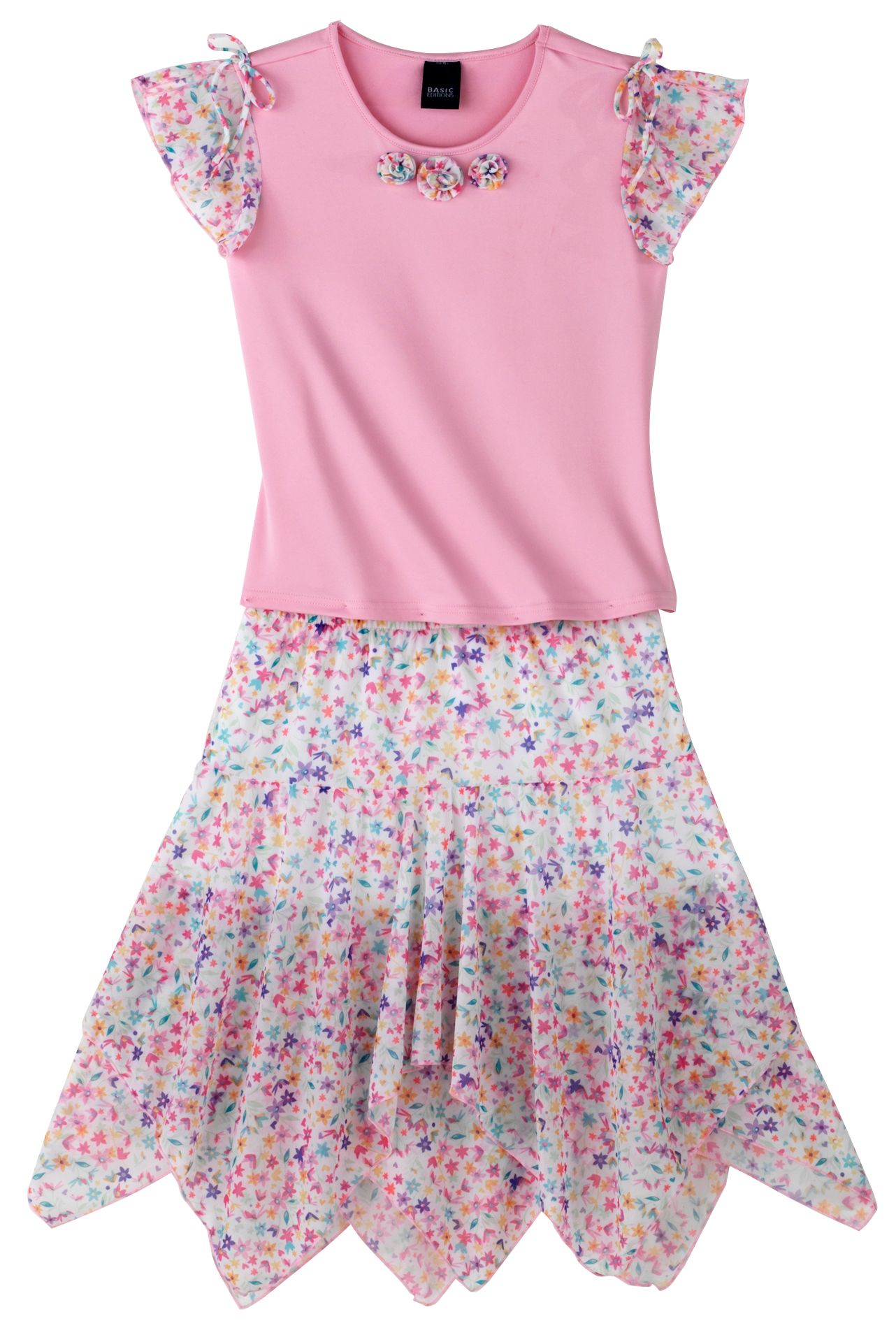 Basic Editions Girl&#39;s Flutter Sleeve Top With Print Skirt Set