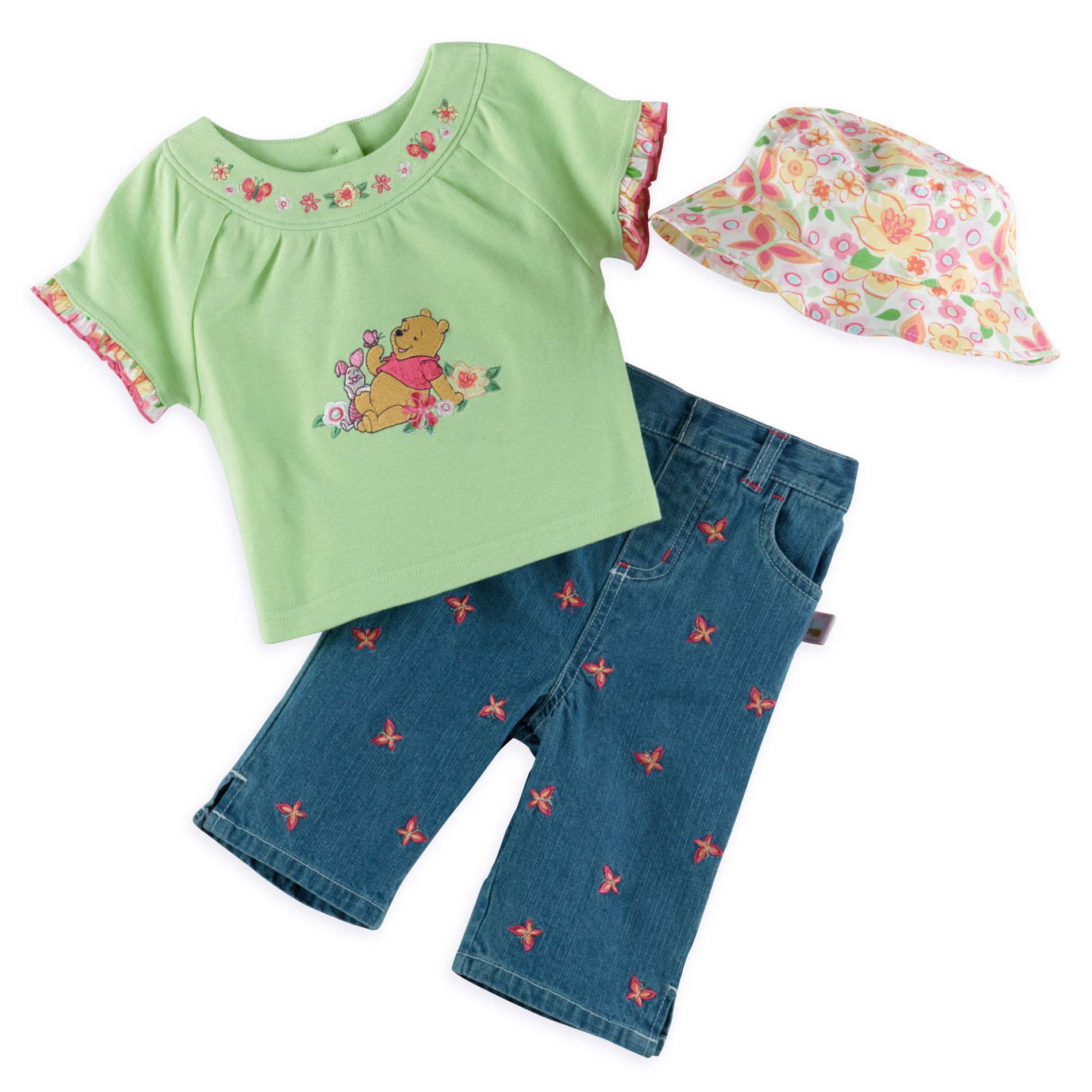 Winnie the Pooh 3 Piece Set- Embroidered Pant, Green Tee and Hat