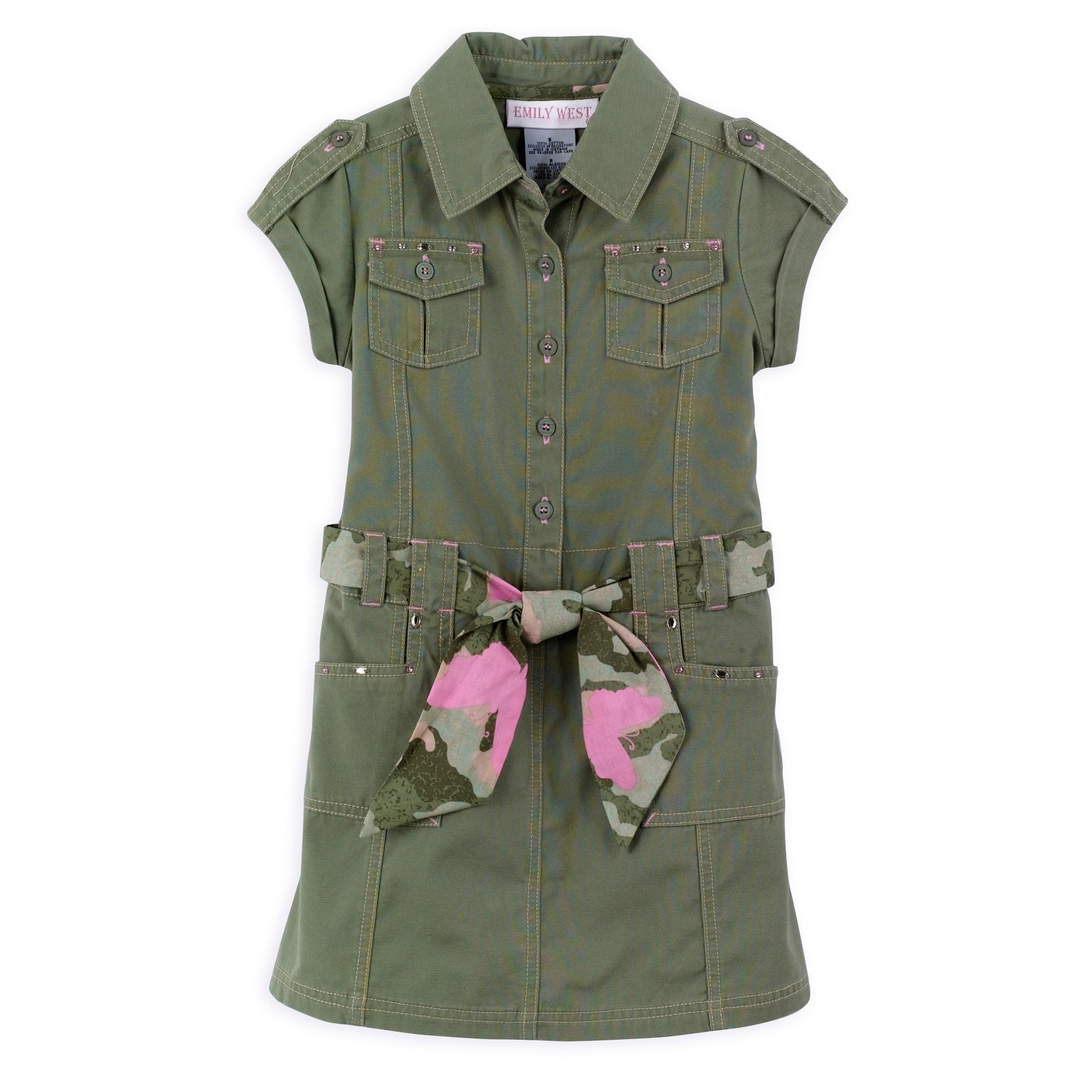 Emily West Girl&#39;s 4-6X Short Sleeve Twill Dress with Pockets on Bodice, Johnny Collar and Camo Sash