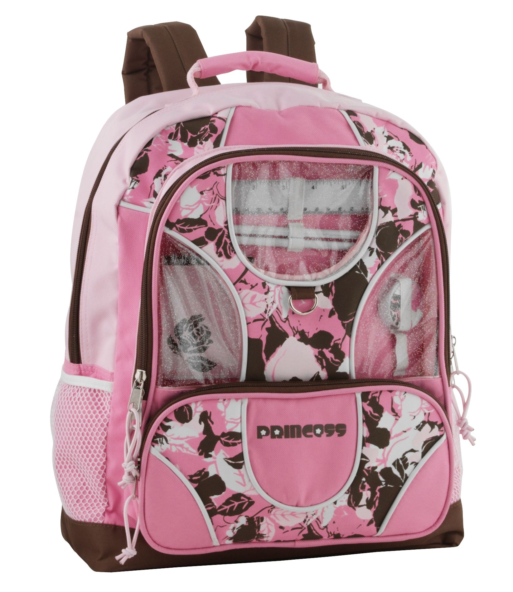 Athletech Girl&#39;s Glitter Floral Princess With School Supplies Backpack