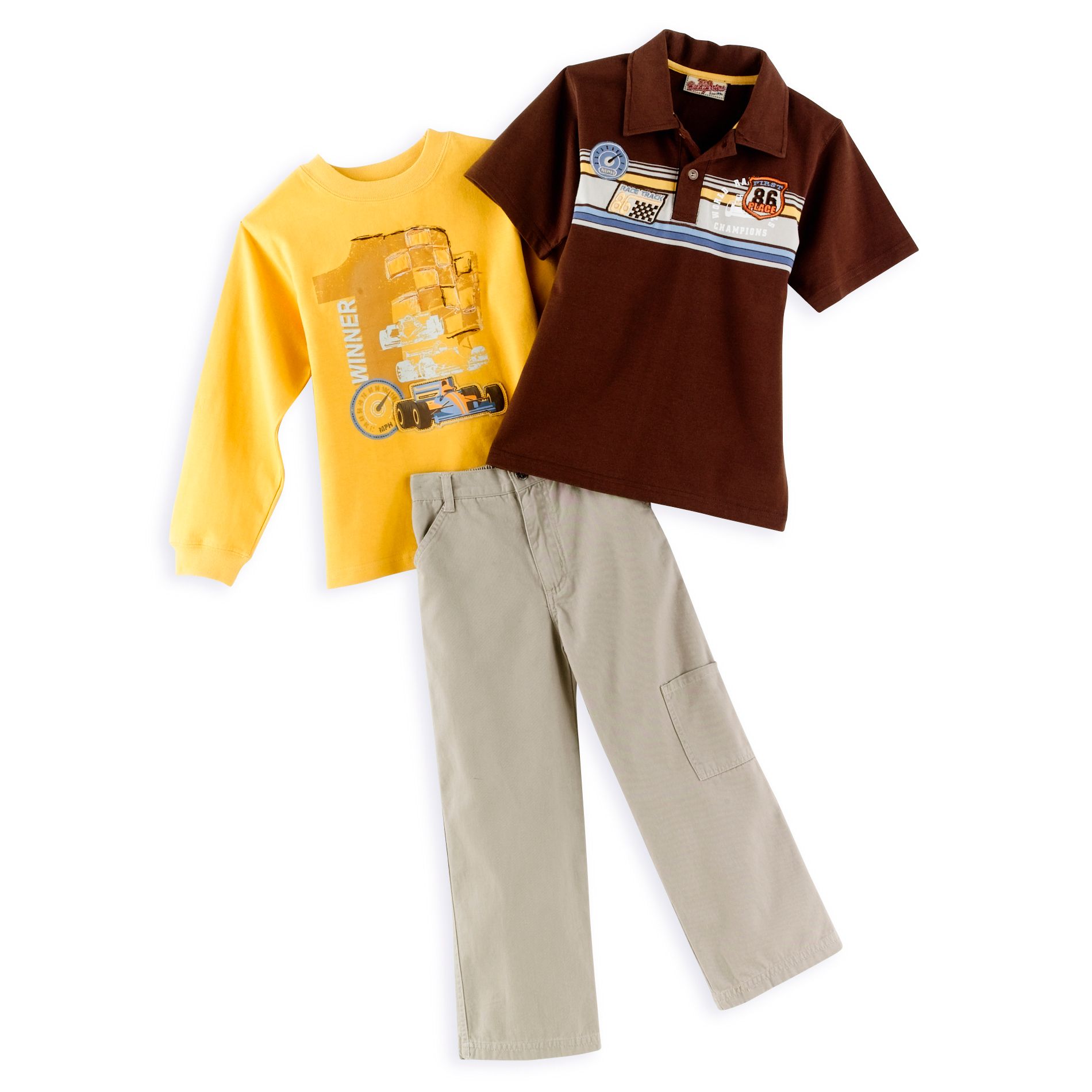 Kids Play Boy&#39;s 4-7 3 Piece Pant Set with Long Sleeve Tee, Short Sleeve Stripe Polo, Twill Pant