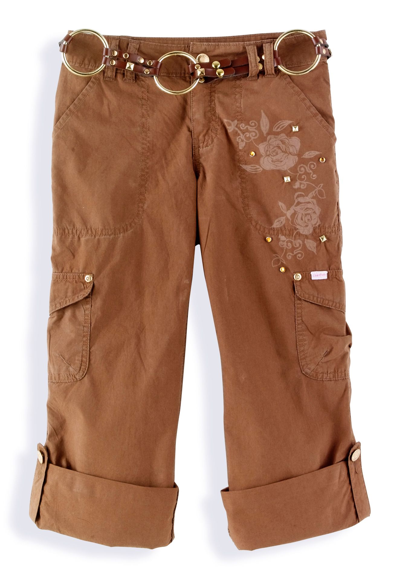 The Cheetah Girls Girl&#39;s 7-16 Roll Cuff Cargo Capri with Embroidery, Studs, Chain Waist Accent