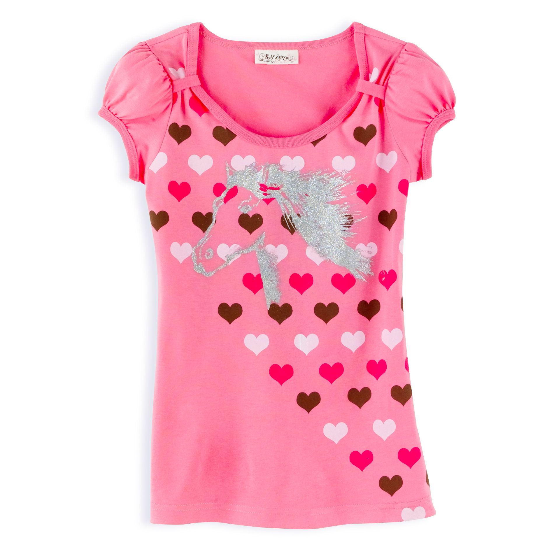 Self Esteem Girl&#39;s 7-16 Short Sleeve Screen Tee Gathered at Shoulders, Horses with Hearts Screen