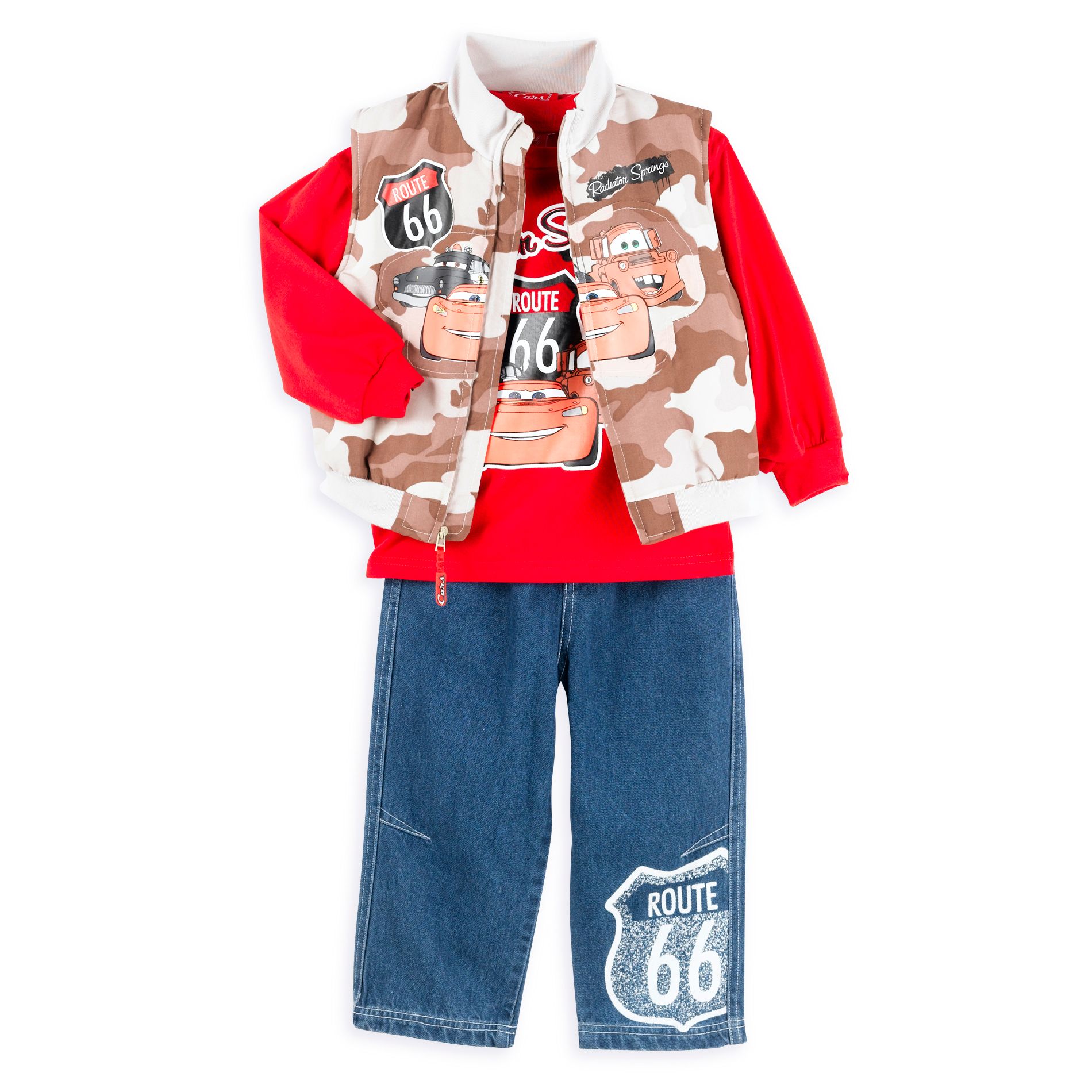 Character Toddler Boy&#39;s 3 Piece Set: Cars Zip Front Vest, Long Sleeve Tee, & Denim Pant
