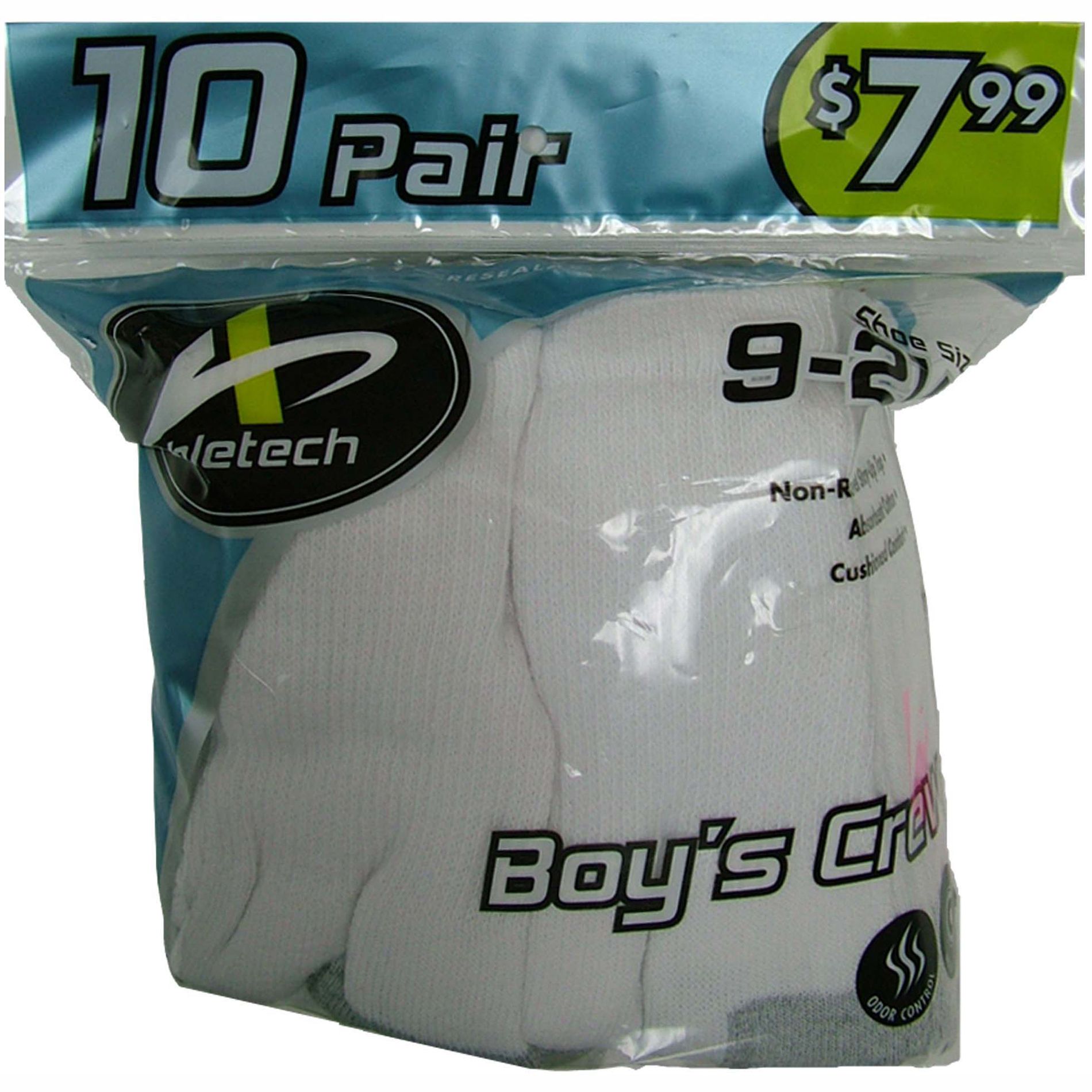 Athletech Boy&#39;s Crew Socks - White 10 Pack, Size 7-11