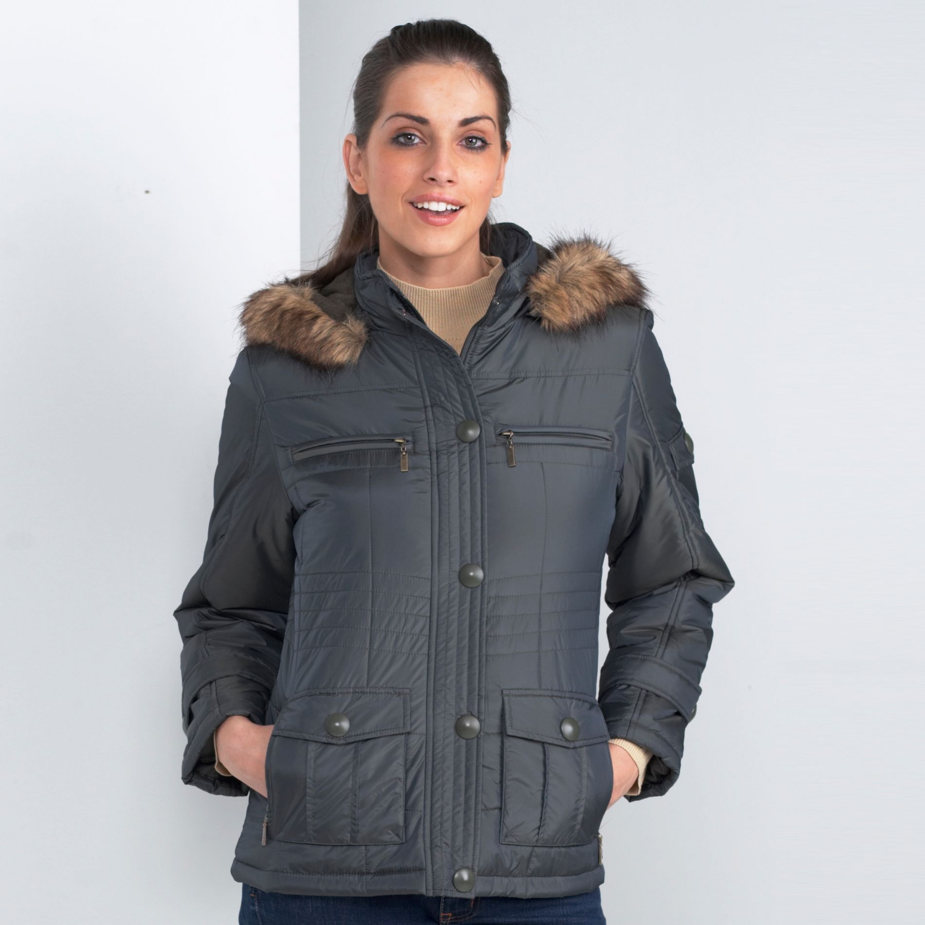 Canvas Quilted Jacket with Faux Fur Trim