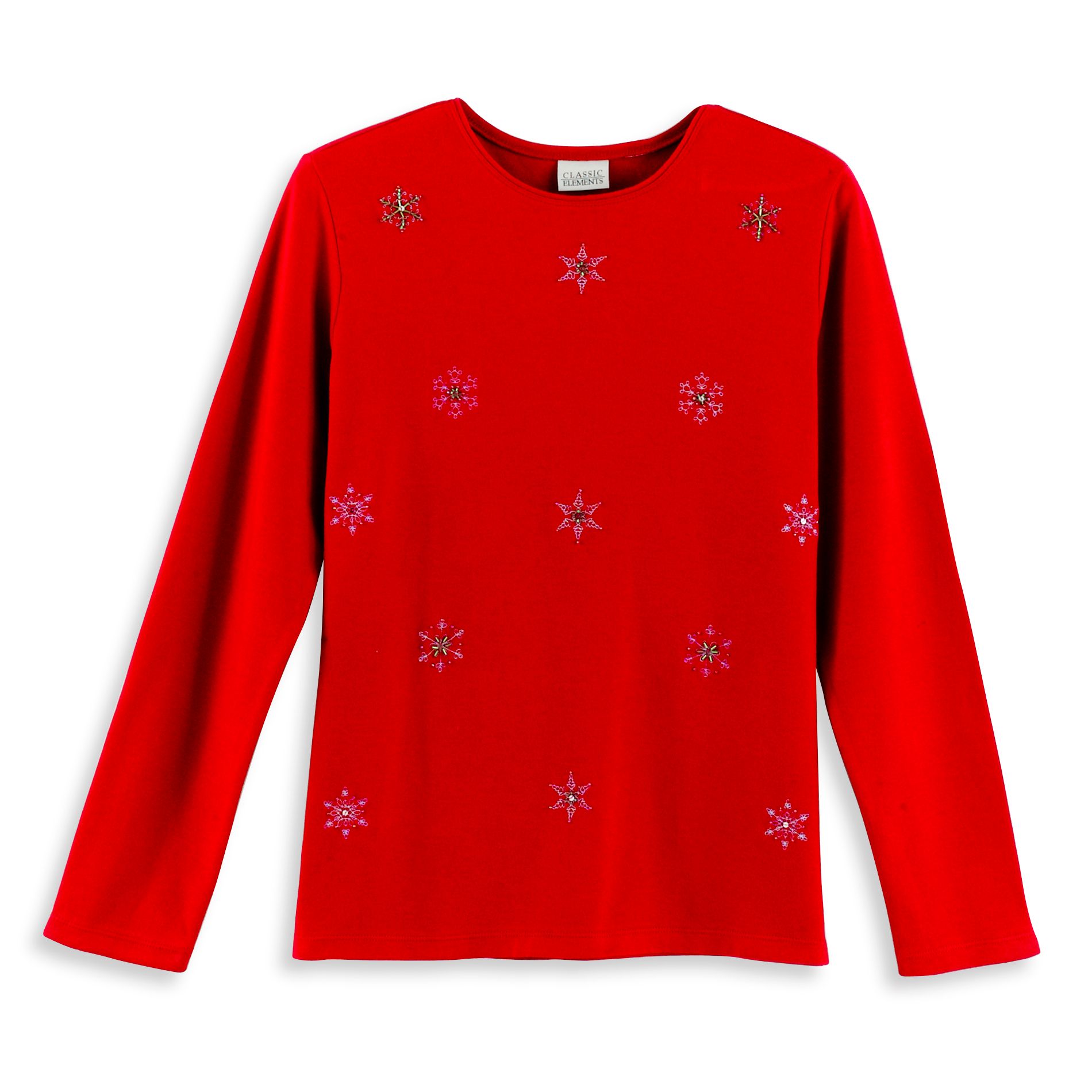 Classic Elements Women's Plus Long Sleeve All-Over Embroidery Christmas Tee