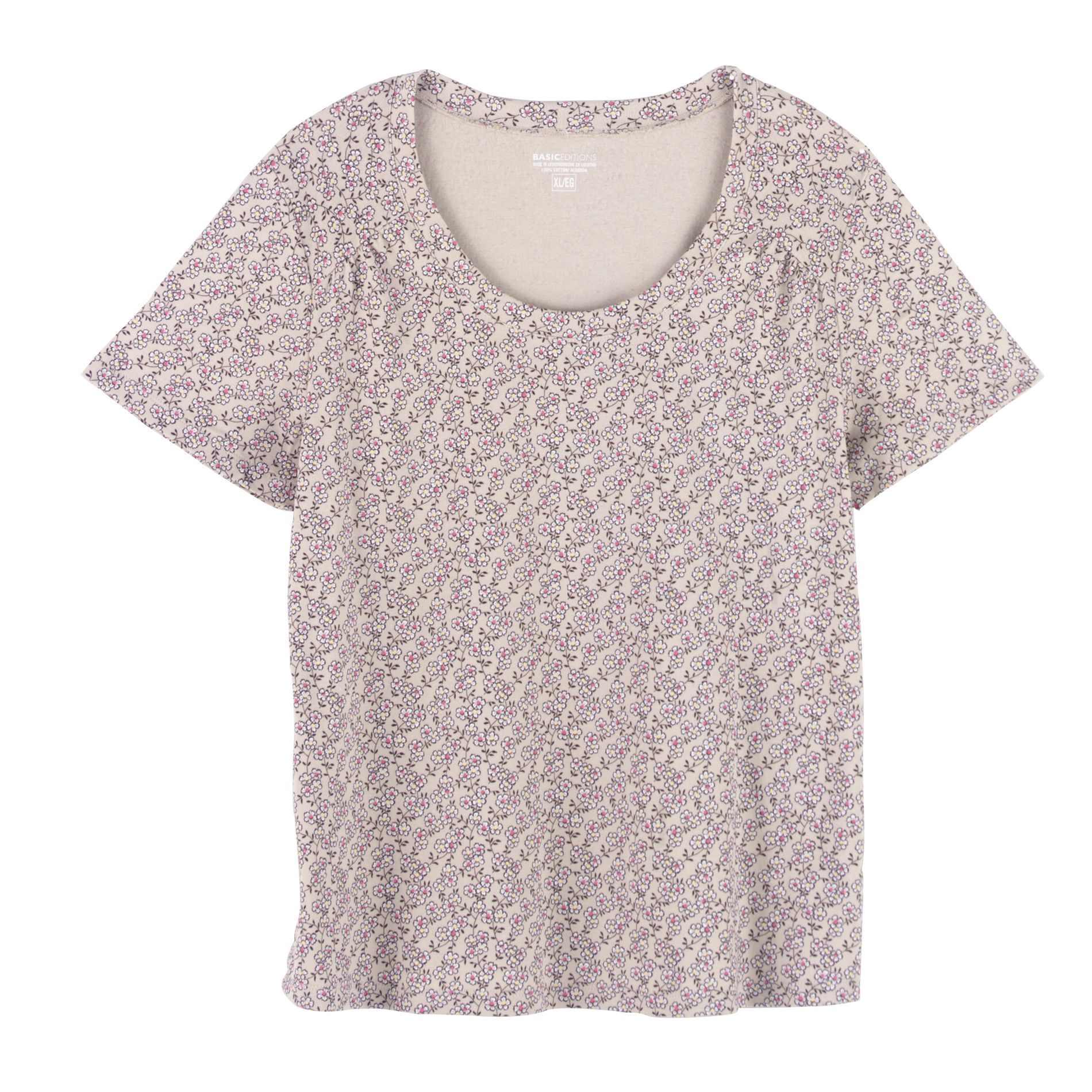 Basic Editions Women&#39;s Plus Short Sleeve Floral Printed Ruched Tee